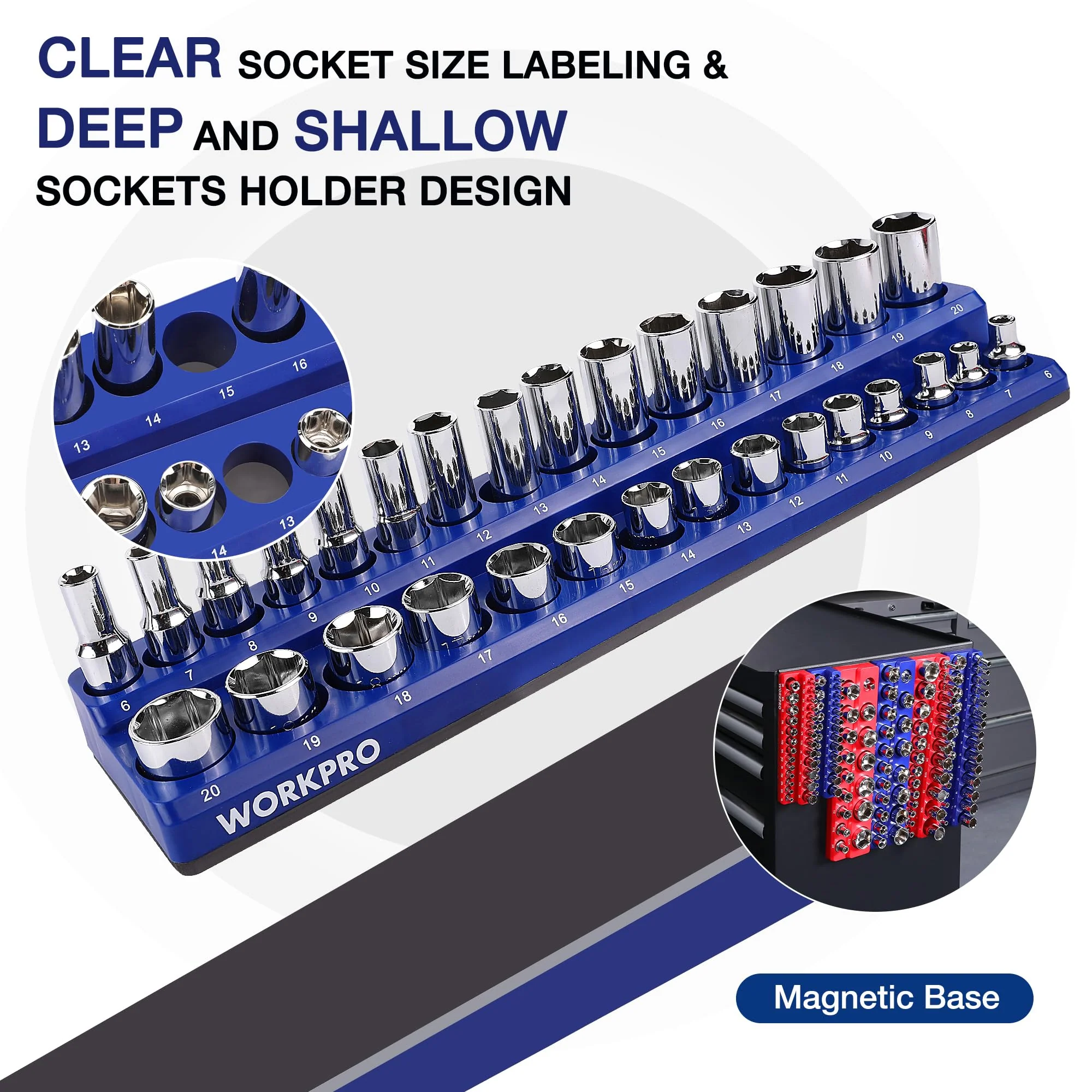 WORKPRO Magnetic Socket Organizer Set, 6-Piece Socket Holder Set Includes 1/4", 3/8", 1/2" Drive Metric SAE Socket Trays, Holds 143 Pieces Sockets, Christmas Gift for Men(Socket not Included) - Image 5
