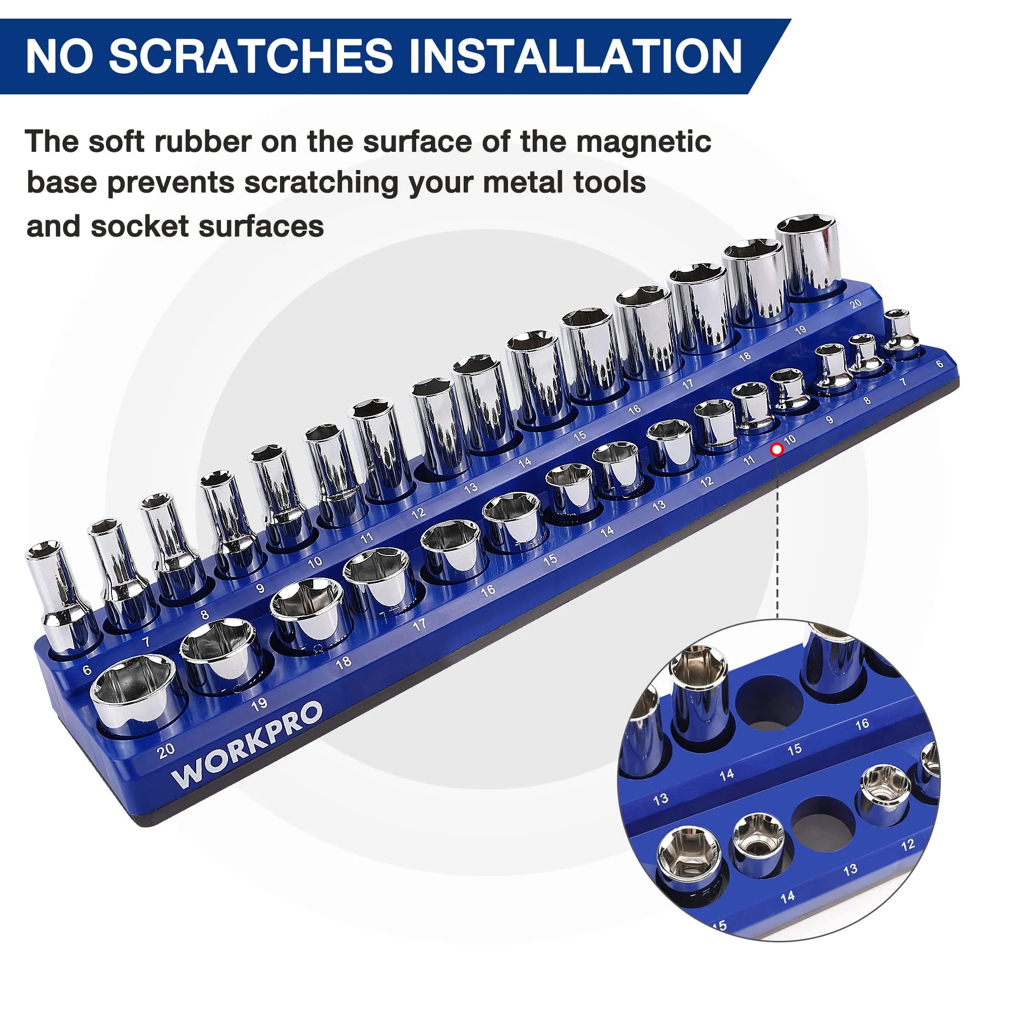 WORKPRO Magnetic Socket Organizer Set, 6-Piece Socket Holder Set Includes 1/4", 3/8", 1/2" Drive Metric SAE Socket Trays, Holds 143 Pieces Sockets, Christmas Gift for Men(Socket not Included) - Image 6