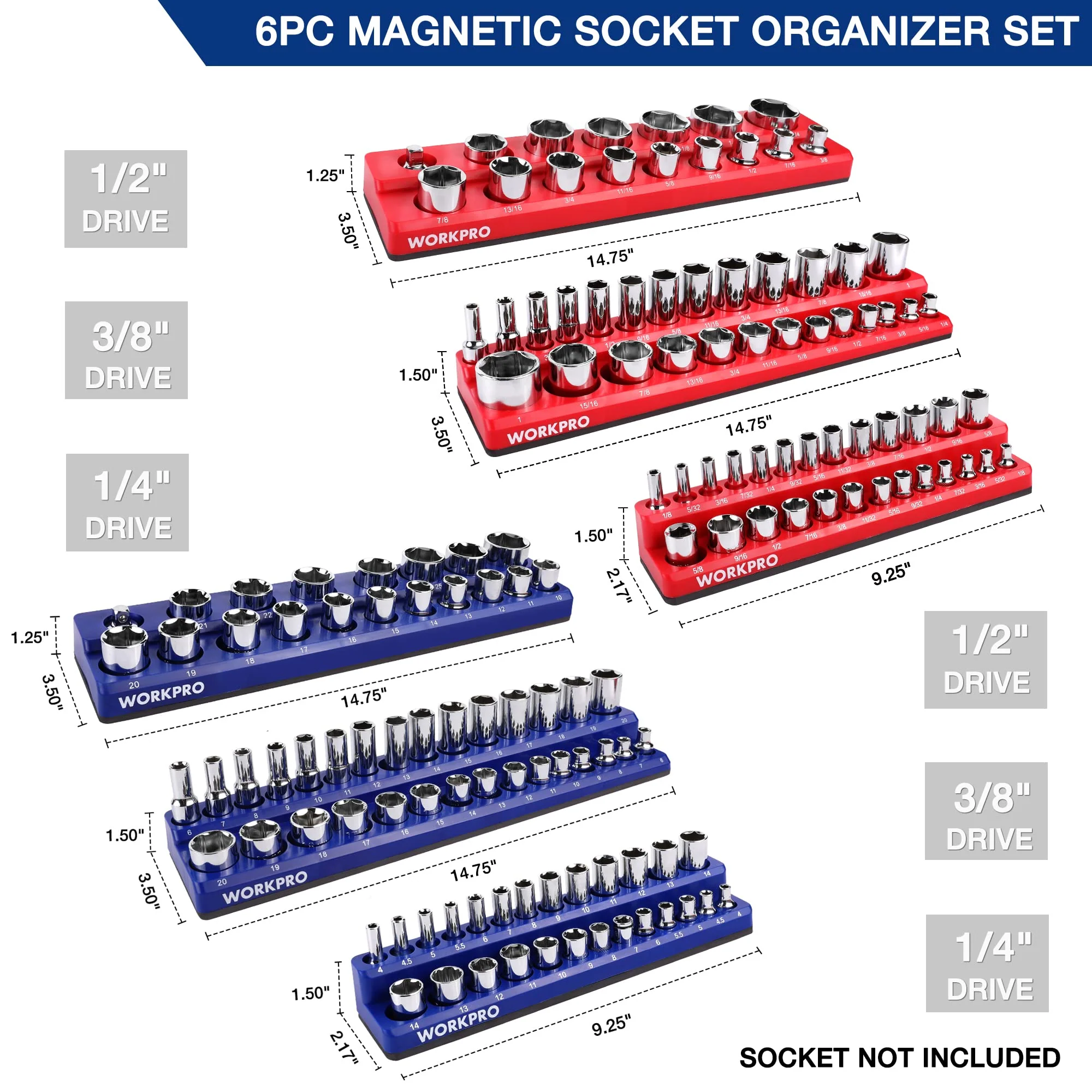 WORKPRO Magnetic Socket Organizer Set, 6-Piece Socket Holder Set Includes 1/4", 3/8", 1/2" Drive Metric SAE Socket Trays, Holds 143 Pieces Sockets, Christmas Gift for Men(Socket not Included) - Image 7