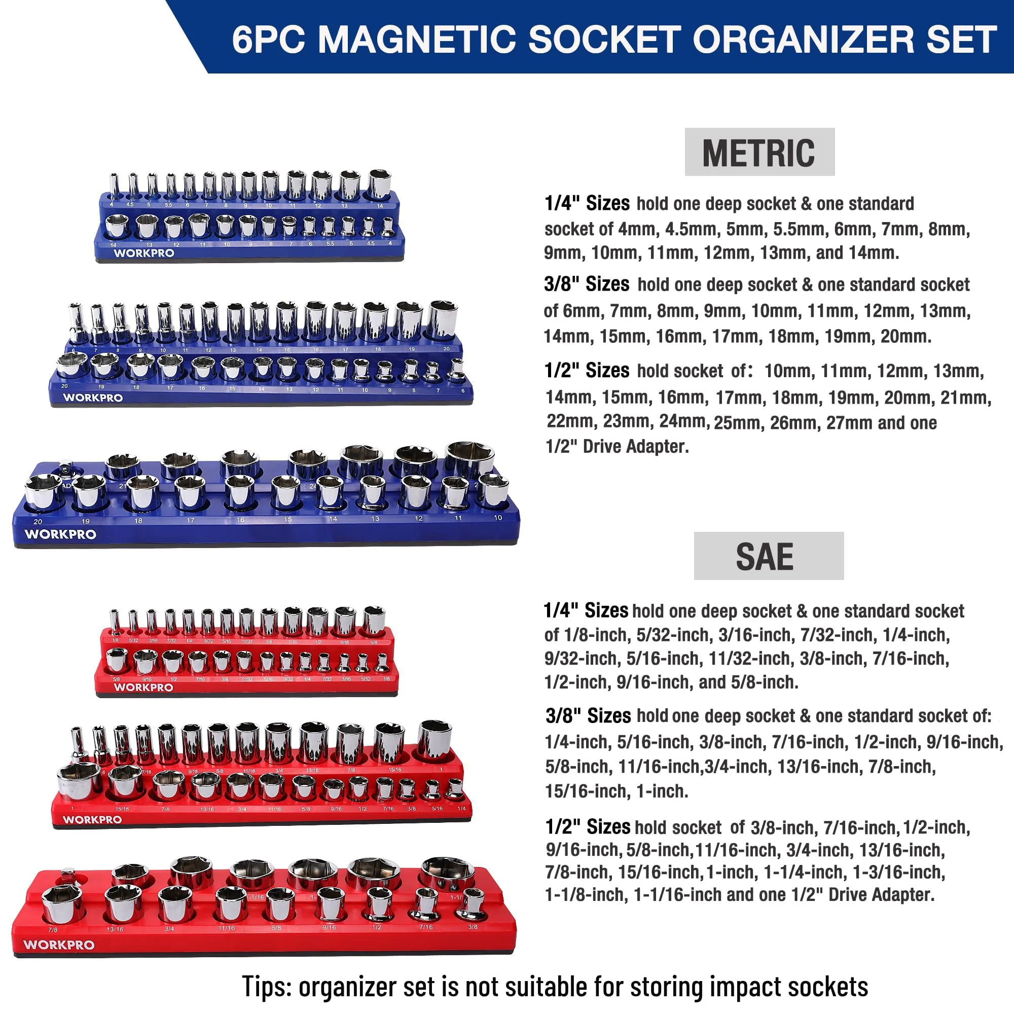 WORKPRO Magnetic Socket Organizer Set, 6-Piece Socket Holder Set Includes 1/4", 3/8", 1/2" Drive Metric SAE Socket Trays, Holds 143 Pieces Sockets, Christmas Gift for Men(Socket not Included) - Image 8