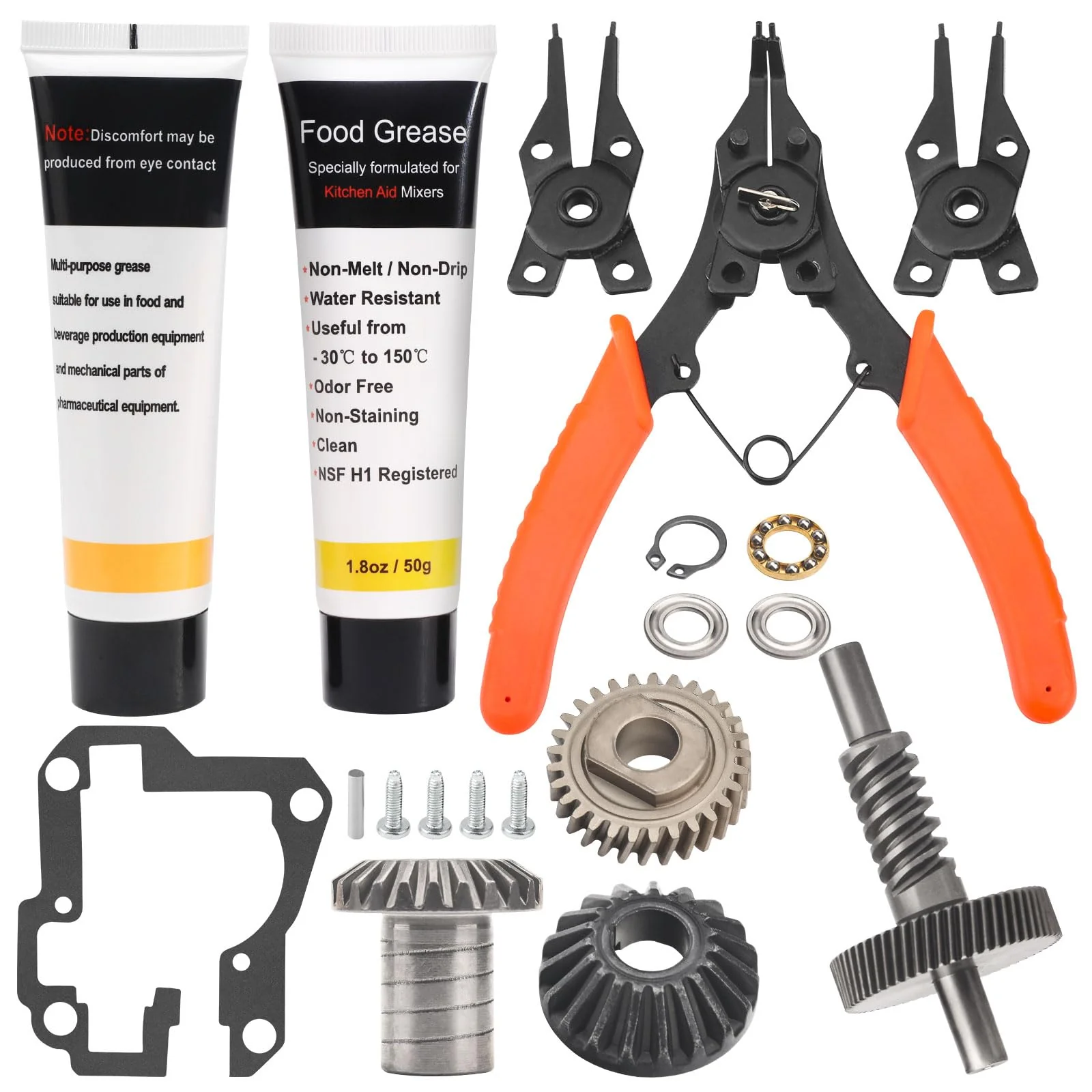 Worm Gear Kit 9706529, 9709511, 9703337, 9709231 Compatible With Whirlpool/KitchenAid 5QT & 6QT Stand Mixer with Worm Gear, Food Grade Grease, Retaining Ring Pliers, Mixer Bevel Gear Kit etc - Image 2