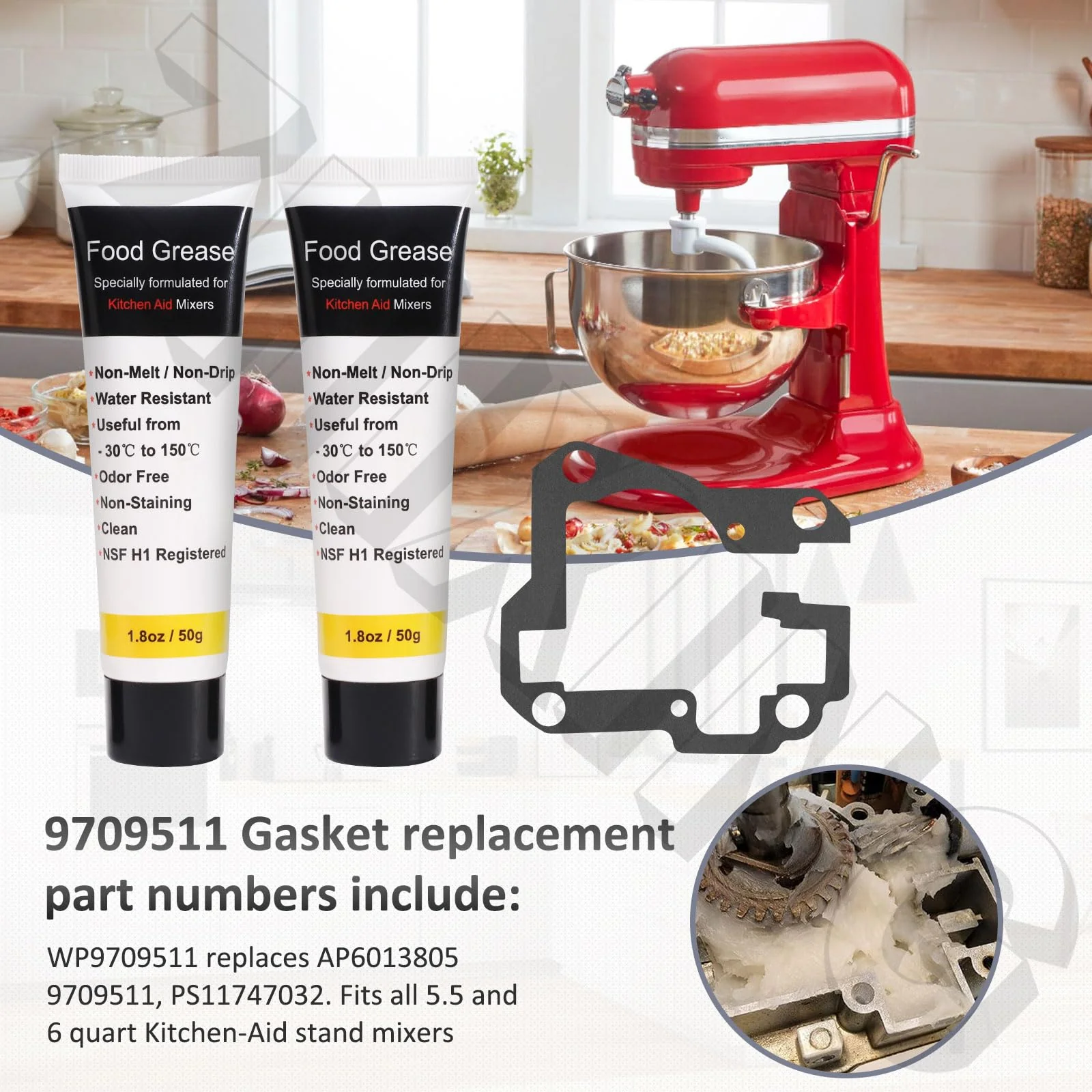 Worm Gear Kit 9706529, 9709511, 9703337, 9709231 Compatible With Whirlpool/KitchenAid 5QT & 6QT Stand Mixer with Worm Gear, Food Grade Grease, Retaining Ring Pliers, Mixer Bevel Gear Kit etc - Image 5