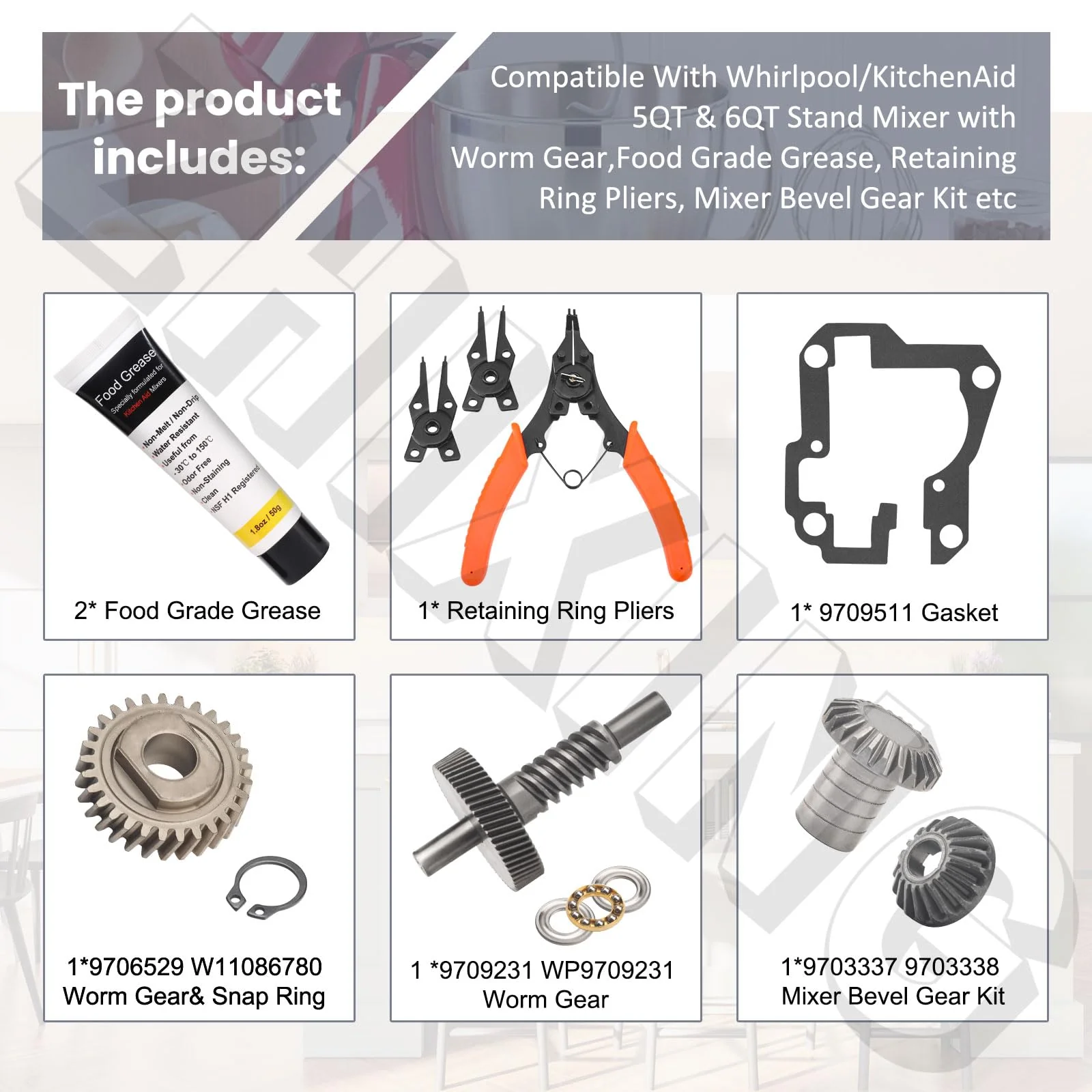 Worm Gear Kit 9706529, 9709511, 9703337, 9709231 Compatible With Whirlpool/KitchenAid 5QT & 6QT Stand Mixer with Worm Gear, Food Grade Grease, Retaining Ring Pliers, Mixer Bevel Gear Kit etc - Image 6