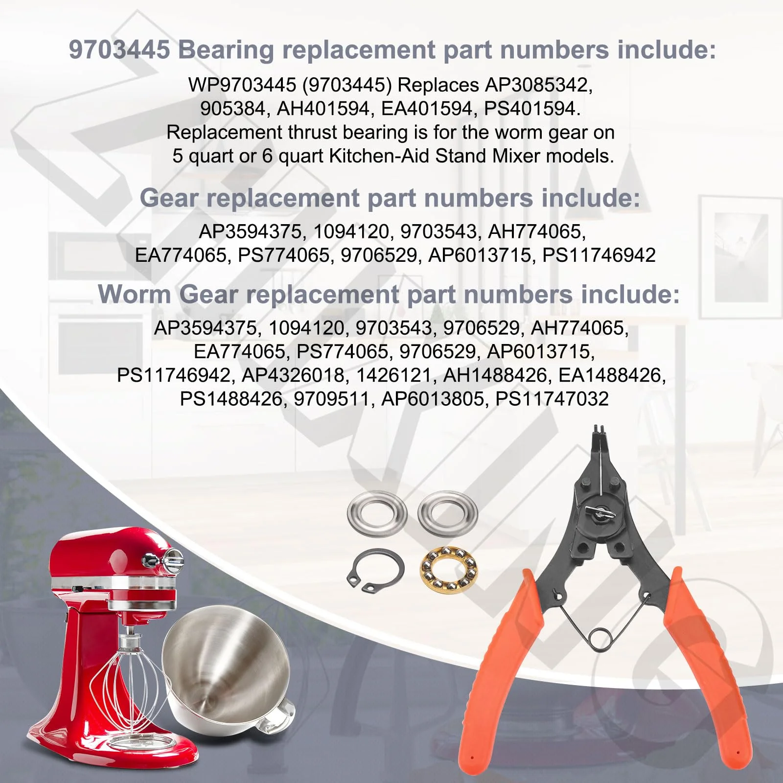 Worm Gear Kit 9706529, 9709511, 9703337, 9709231 Compatible With Whirlpool/KitchenAid 5QT & 6QT Stand Mixer with Worm Gear, Food Grade Grease, Retaining Ring Pliers, Mixer Bevel Gear Kit etc - Image 7