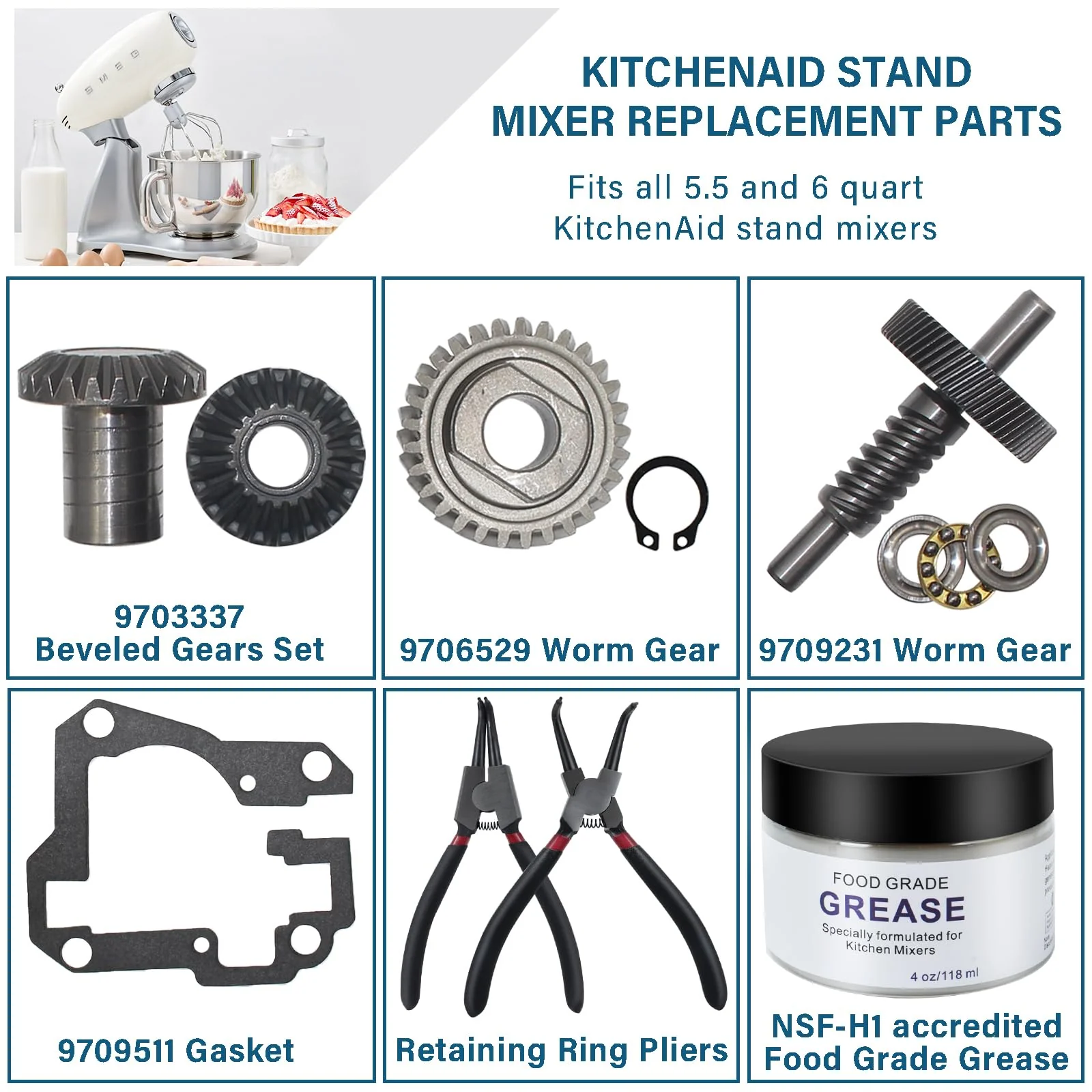 Worm Gear Kit Compatible With KitchenAid Whirlpool 5QT & 6QT Mixer Gear Parts Replacement, Worm Follower Gear Kit 9706529 W11086780 9709511 9703337 9709231 - Image 7