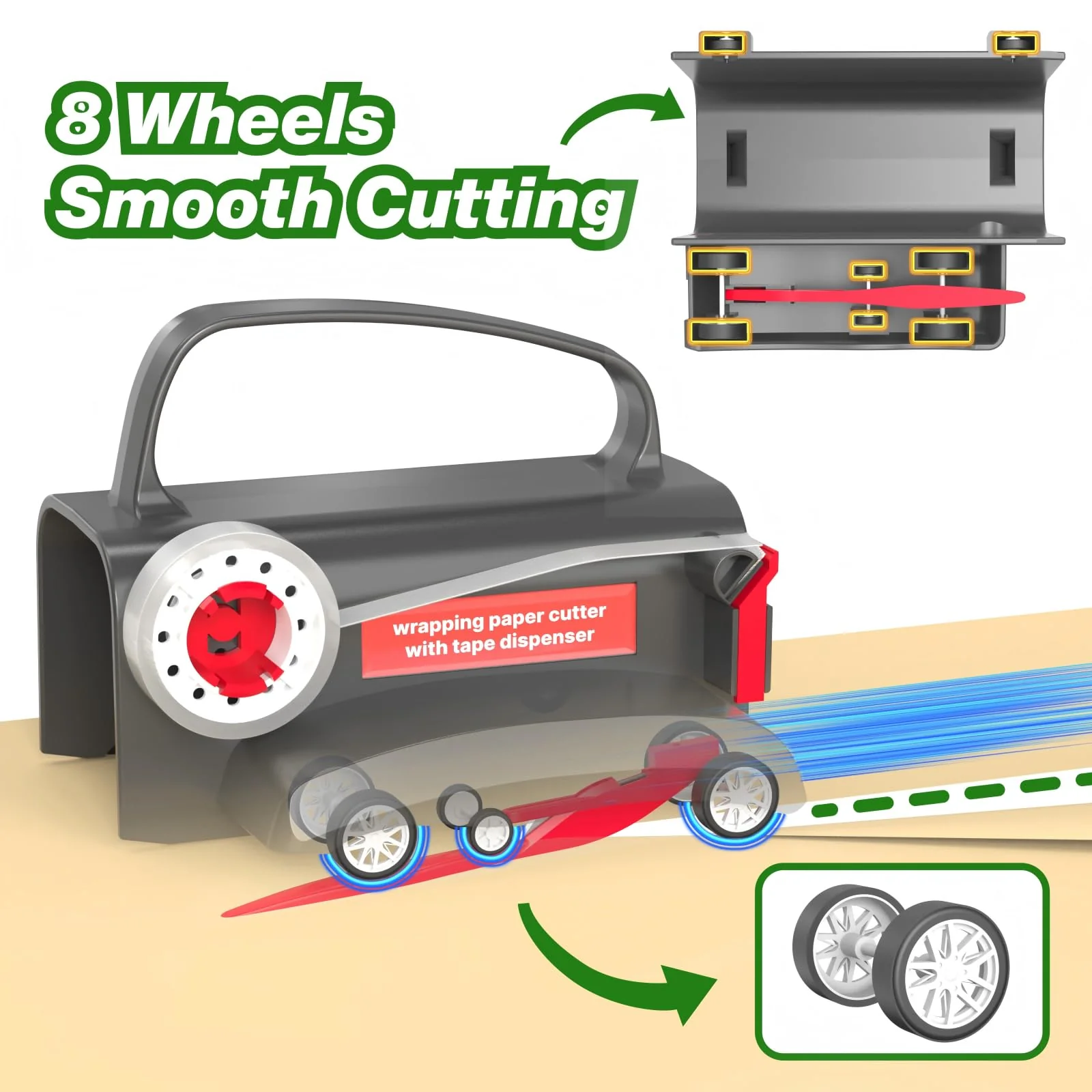 Wraprocut (2-Pack) Wheel Wrapping Paper Cutter & Tape Dispenser with 4 Tapes,2 Replace Blades Kit for Christmas Gift Wrap Cutter Tool Paper Roll Holder Tube Sliding Slicing for Birthday Holiday. - Image 5