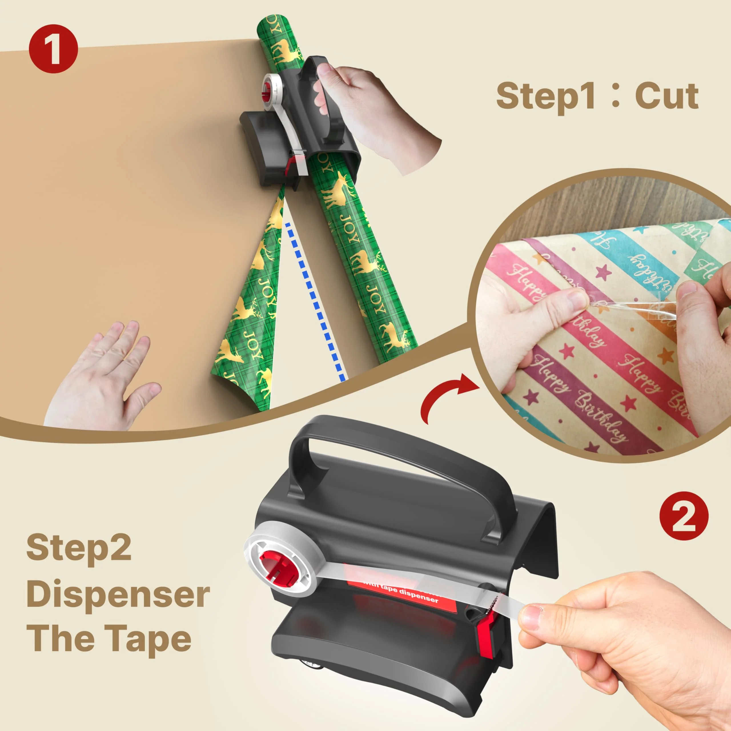 Wraprocut (2-Pack) Wheel Wrapping Paper Cutter & Tape Dispenser with 4 Tapes,2 Replace Blades Kit for Christmas Gift Wrap Cutter Tool Paper Roll Holder Tube Sliding Slicing for Birthday Holiday. - Image 6