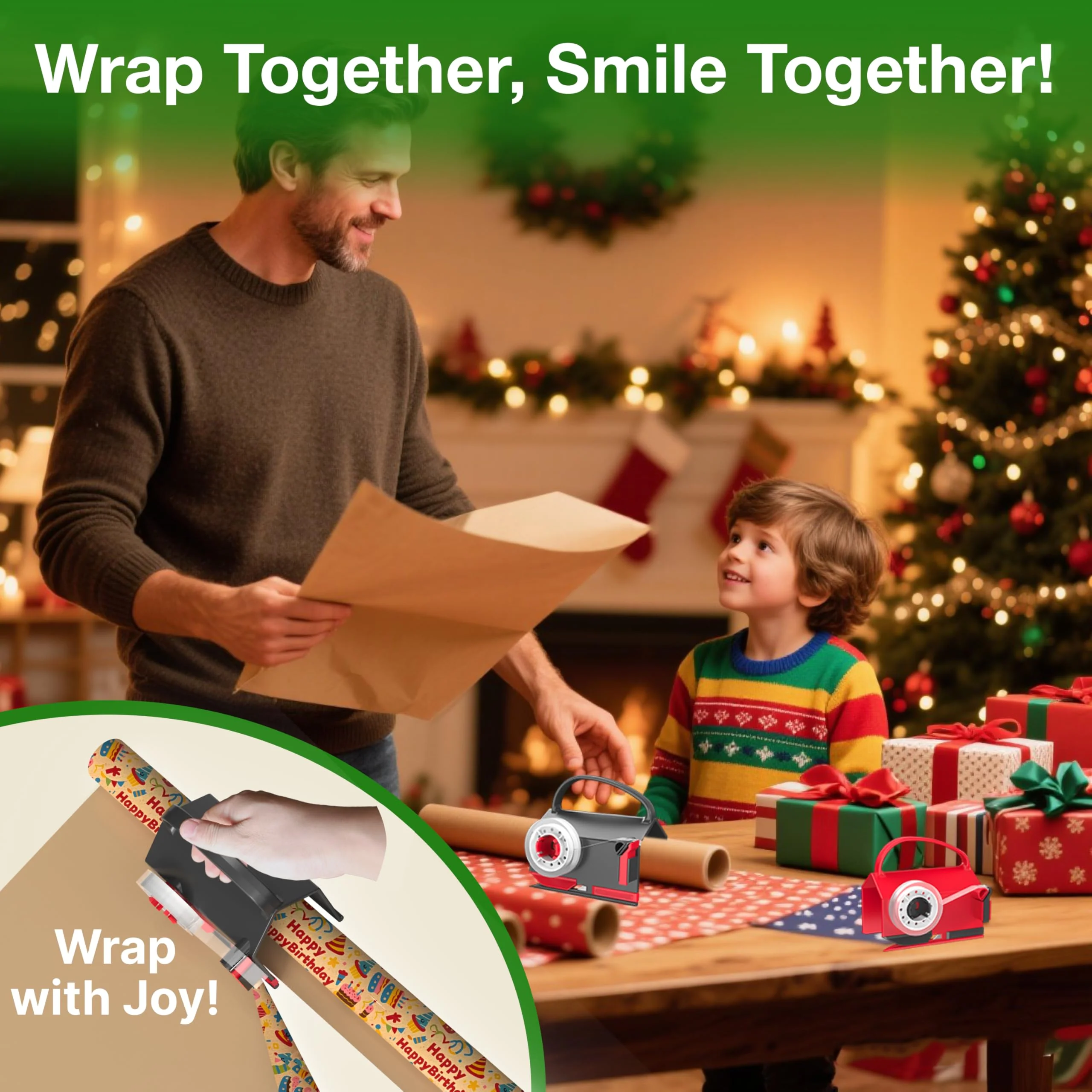 Wraprocut (2-Pack) Wrapping Paper Cutter & Tape Dispenser Dual Use with 4 Tapes,2 Replace Blades Kit for Christmas Gift Wrap Cutter Tool Paper Roll Holder Tube Sliding Slicing for Birthday Holiday. - Image 3