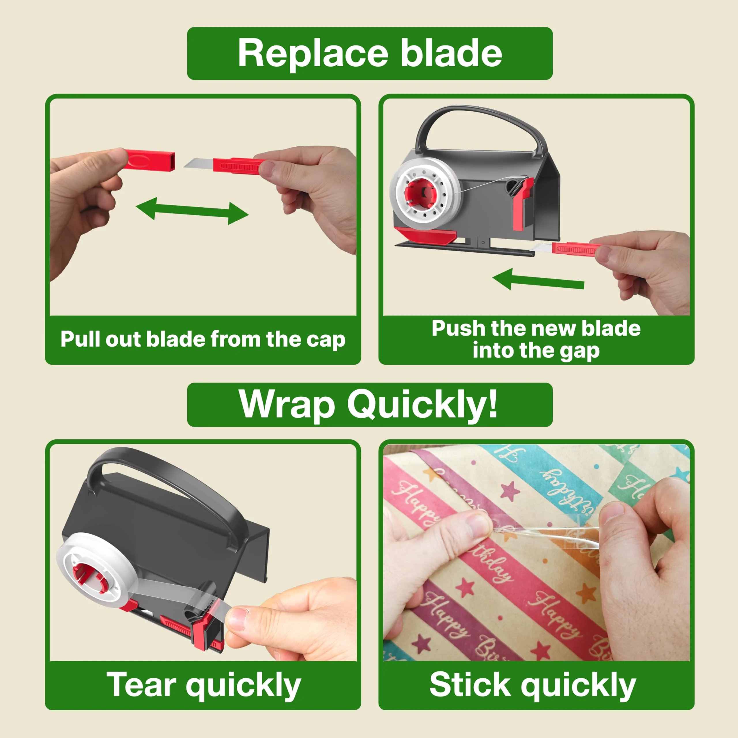 Wraprocut (2-Pack) Wrapping Paper Cutter & Tape Dispenser Dual Use with 4 Tapes,2 Replace Blades Kit for Christmas Gift Wrap Cutter Tool Paper Roll Holder Tube Sliding Slicing for Birthday Holiday. - Image 5