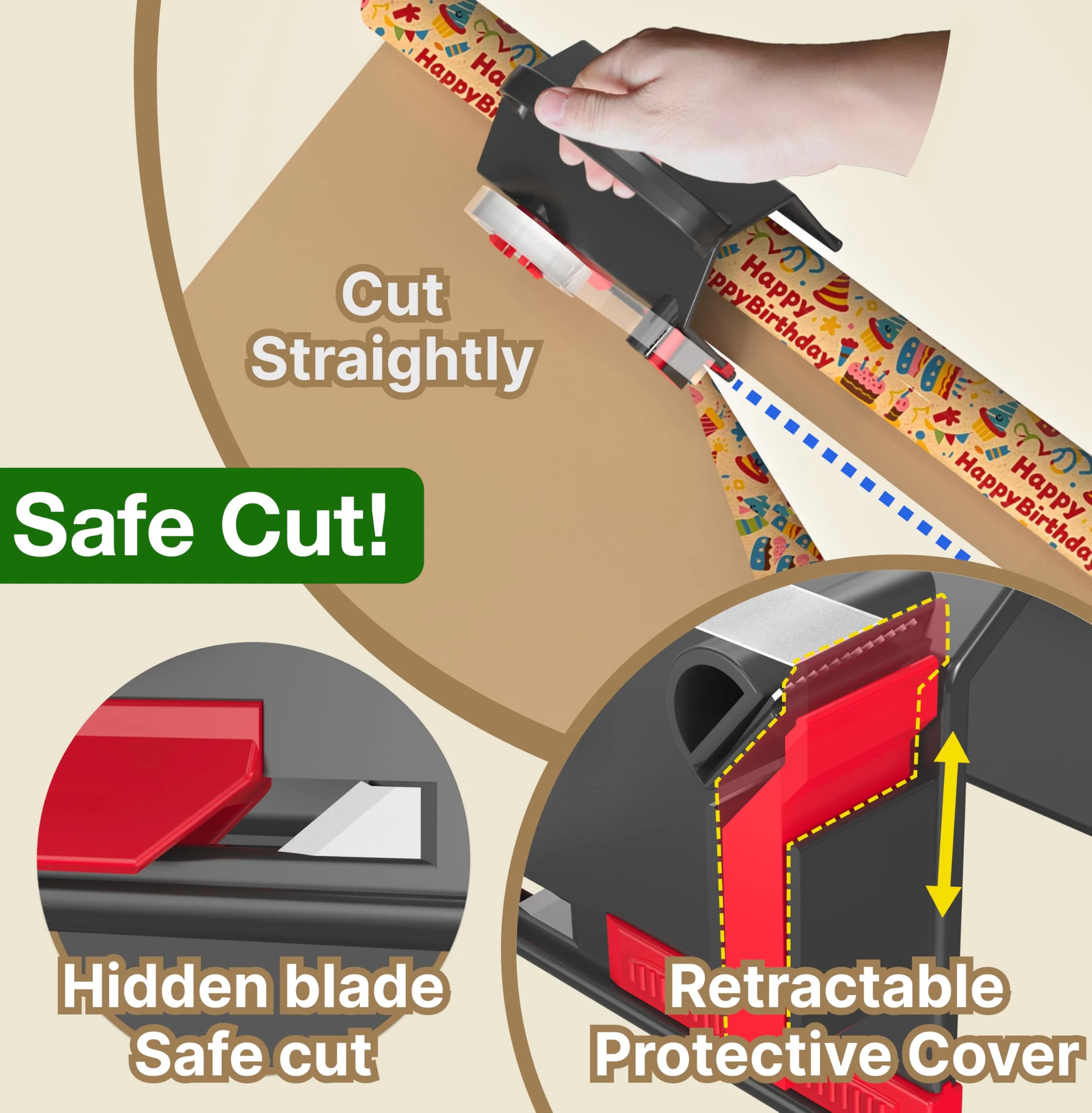 Wraprocut (2-Pack) Wrapping Paper Cutter & Tape Dispenser Dual Use with 4 Tapes,2 Replace Blades Kit for Christmas Gift Wrap Cutter Tool Paper Roll Holder Tube Sliding Slicing for Birthday Holiday. - Image 6