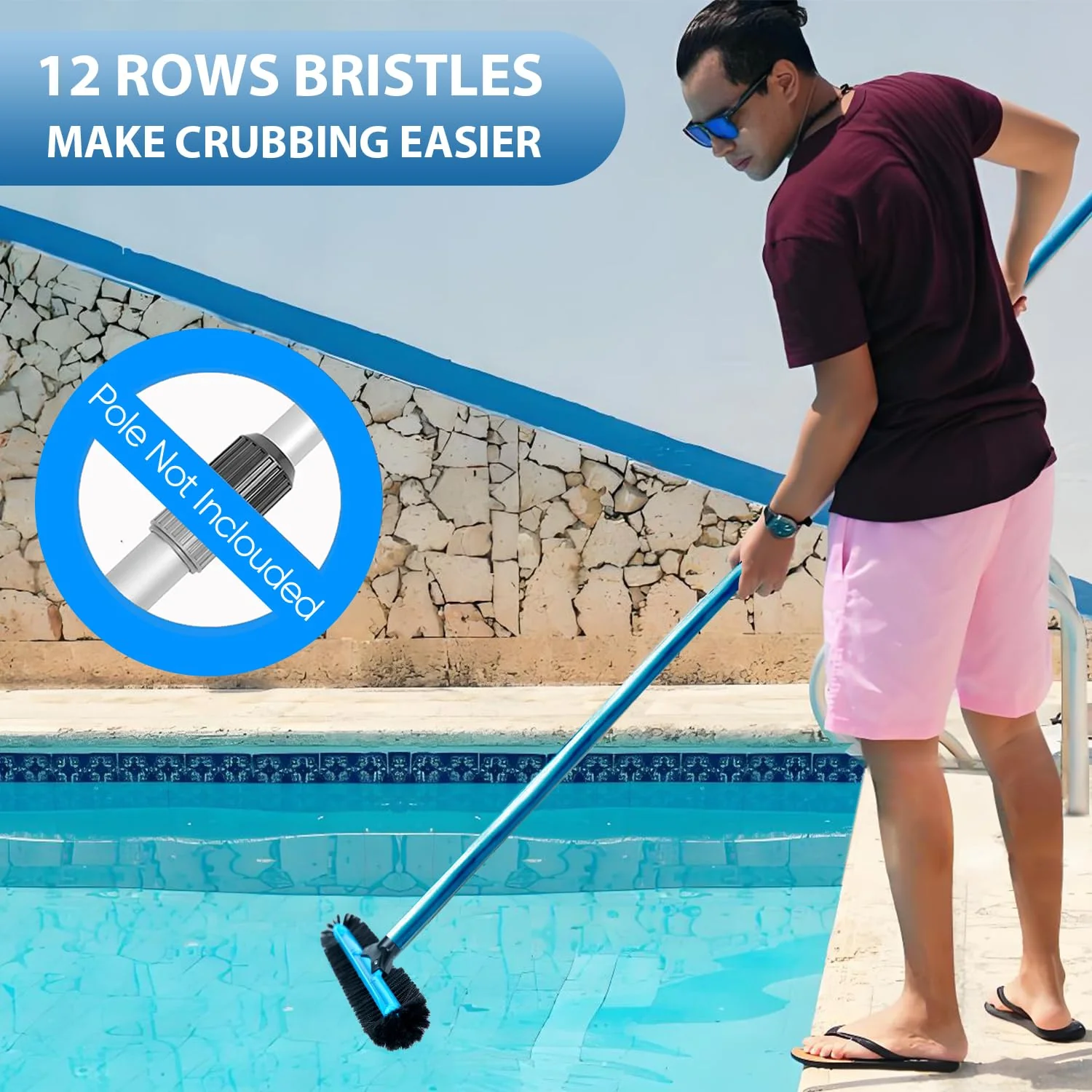 WXFANA 20" Wide Pool Brush Head, Heavy Duty Pool Cleaning Brush with 12-Rows Soft Bristles, Inground/Above Ground Pool Brushes with Curved Ends, Safe for Vinyl Liner - Image 5