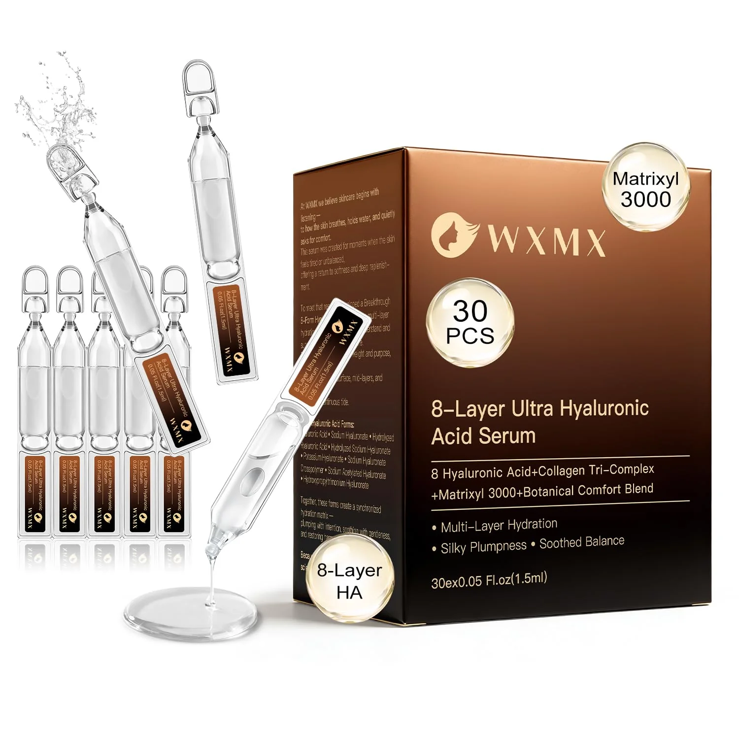 WXMX Ultra Hyaluronic Acid Serum With 8 HA Forms + Matrixyl 3000, Collagen Tri - Complex & Peptide, Multi - Layer Hydration Anti-Aging Serum, Hyaluronic Acid Serum for Face (0.05 Fl Oz (Pack of 30))