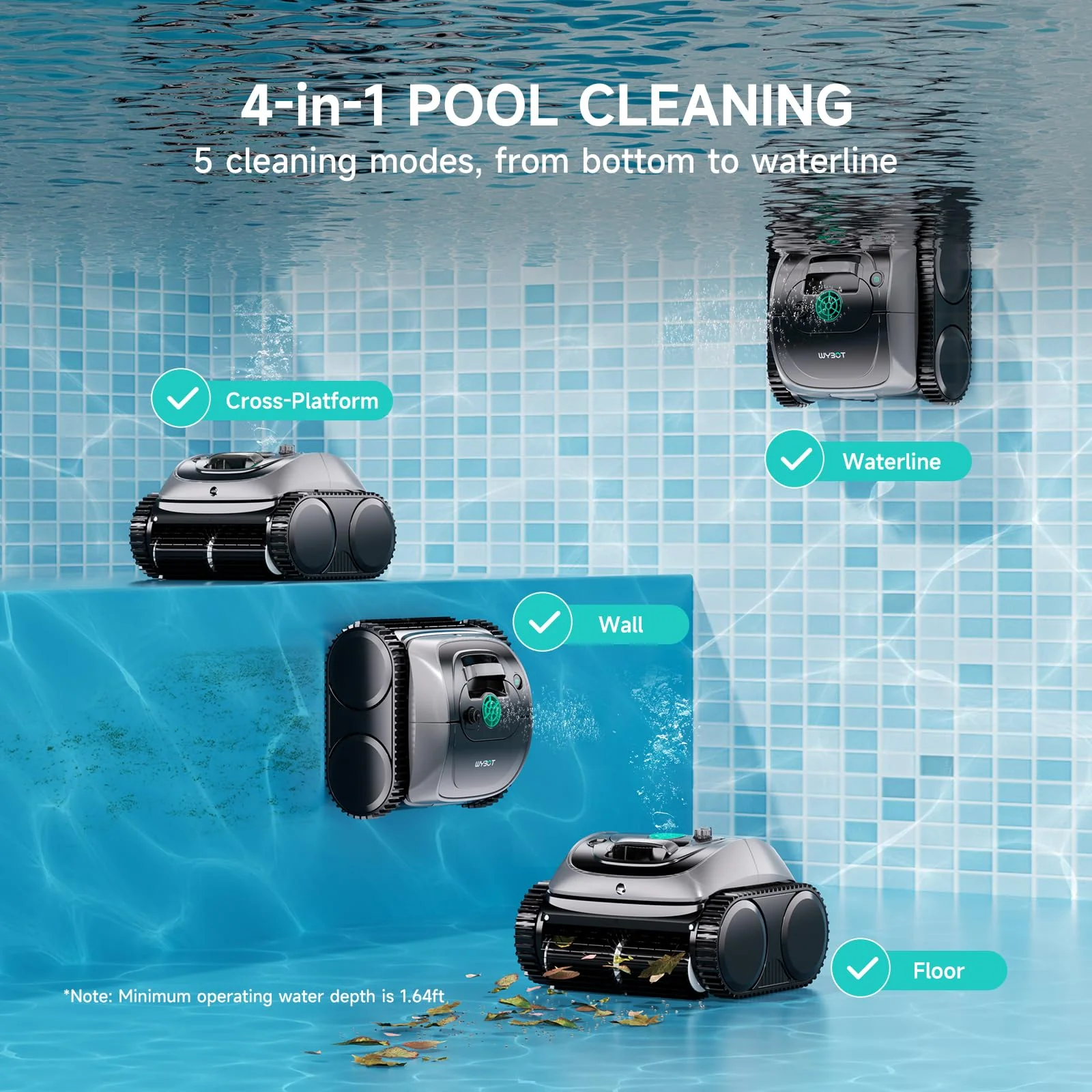 WYBOT C1 Cordless Robotic Pool Vacuum for Inground Pools, Above Ground Pool Cleaner 4-in-1 Wall & Waterline Cleaning Up to 1,614sq.ft, 150mins Smart Navigation, App Support - Image 7