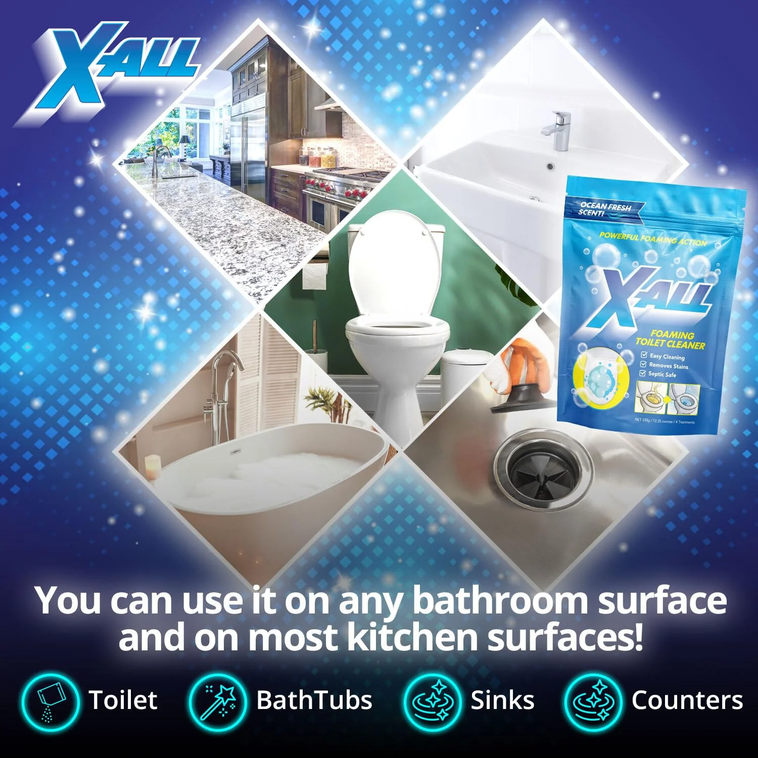X-ALL Foaming Toilet Cleaner, Self-Activating Powder for Deep Cleaning, Fights Stains, Limescale and Mineral-Buildup - Image 2