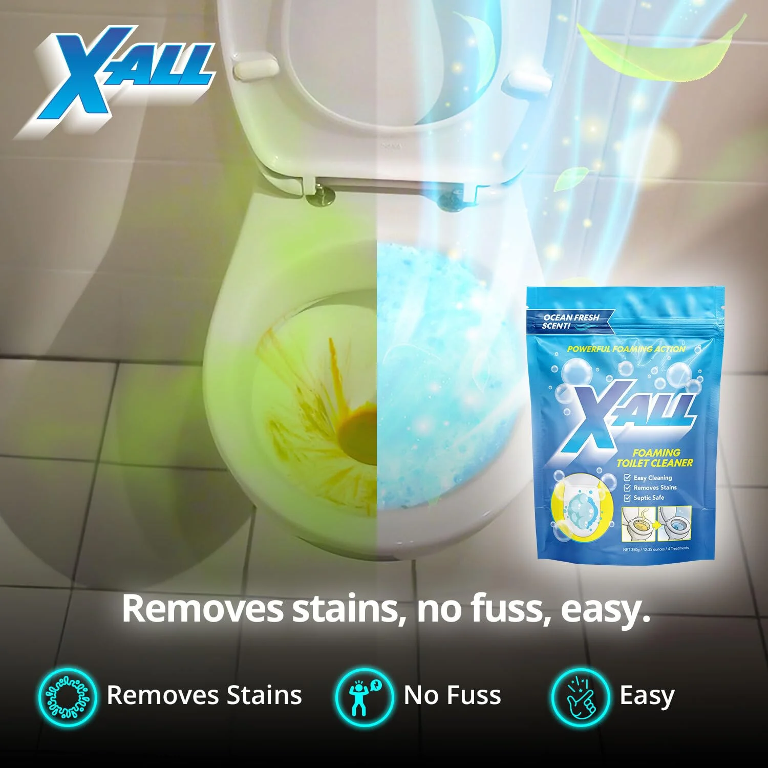 X-ALL Foaming Toilet Cleaner, Self-Activating Powder for Deep Cleaning, Fights Stains, Limescale and Mineral-Buildup - Image 5