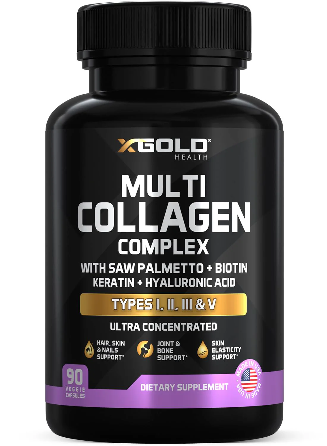 X Gold Health Collagen Complex, Types I, II, III, V, Biotin 10,000 mcg, Keratin, Hyaluronic Acid, Saw Palmetto, Vitamins C & E Advanced HSN Formula for Men & Women 90 Vegan Capsules - Image 2