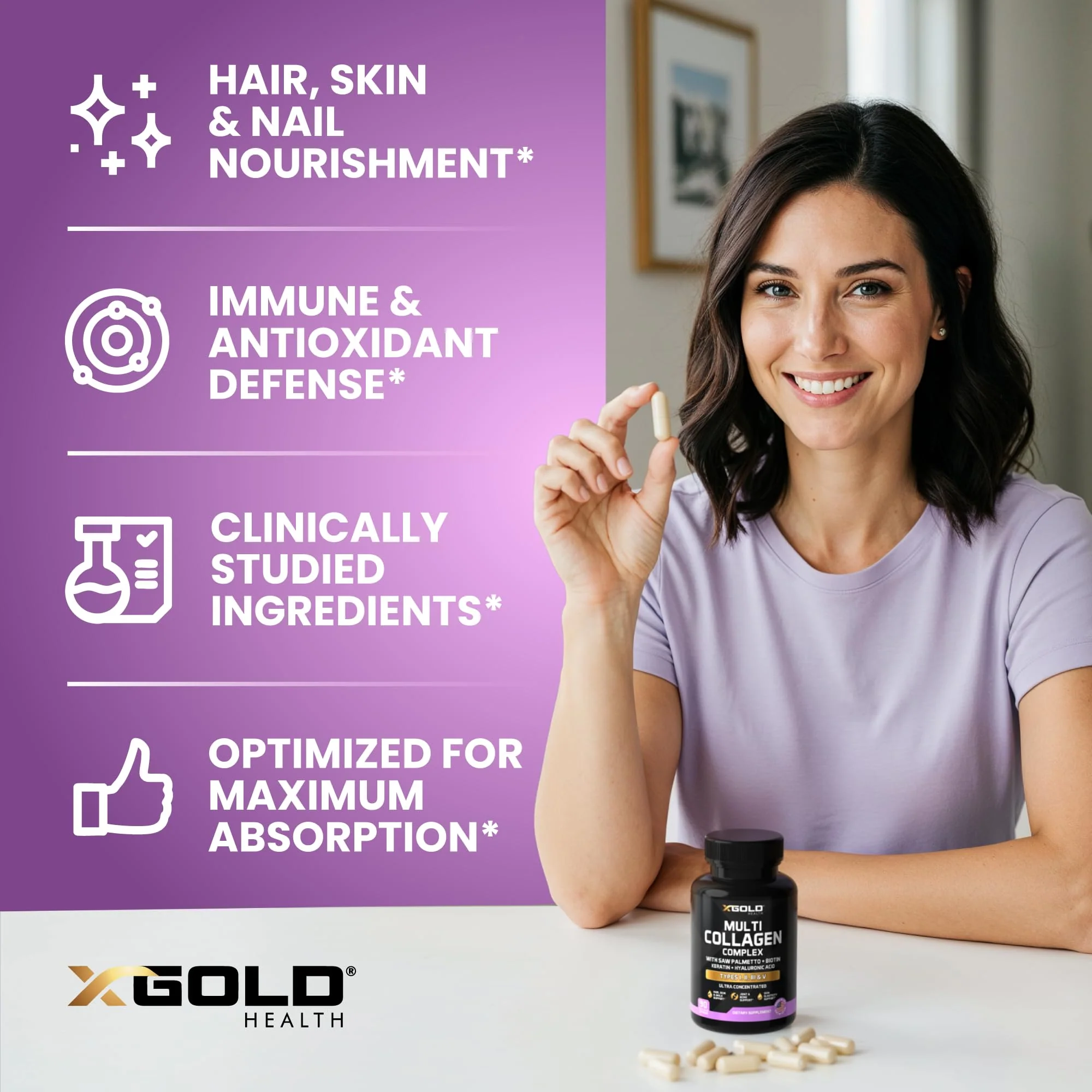 X Gold Health Collagen Complex, Types I, II, III, V, Biotin 10,000 mcg, Keratin, Hyaluronic Acid, Saw Palmetto, Vitamins C & E Advanced HSN Formula for Men & Women 90 Vegan Capsules - Image 3