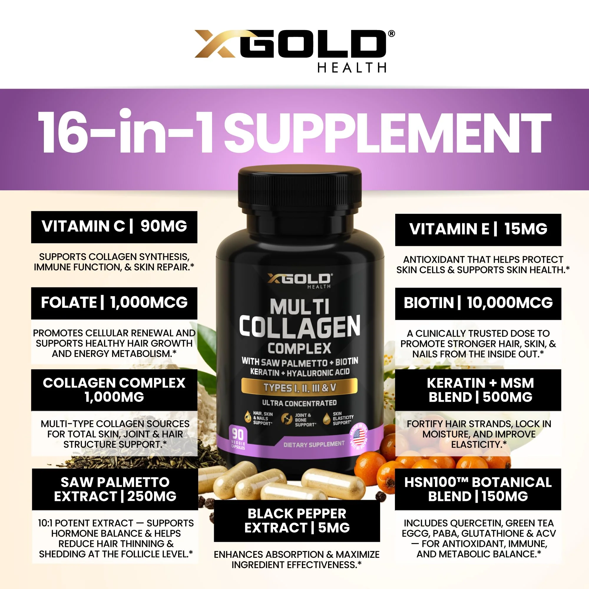 X Gold Health Collagen Complex, Types I, II, III, V, Biotin 10,000 mcg, Keratin, Hyaluronic Acid, Saw Palmetto, Vitamins C & E Advanced HSN Formula for Men & Women 90 Vegan Capsules - Image 4