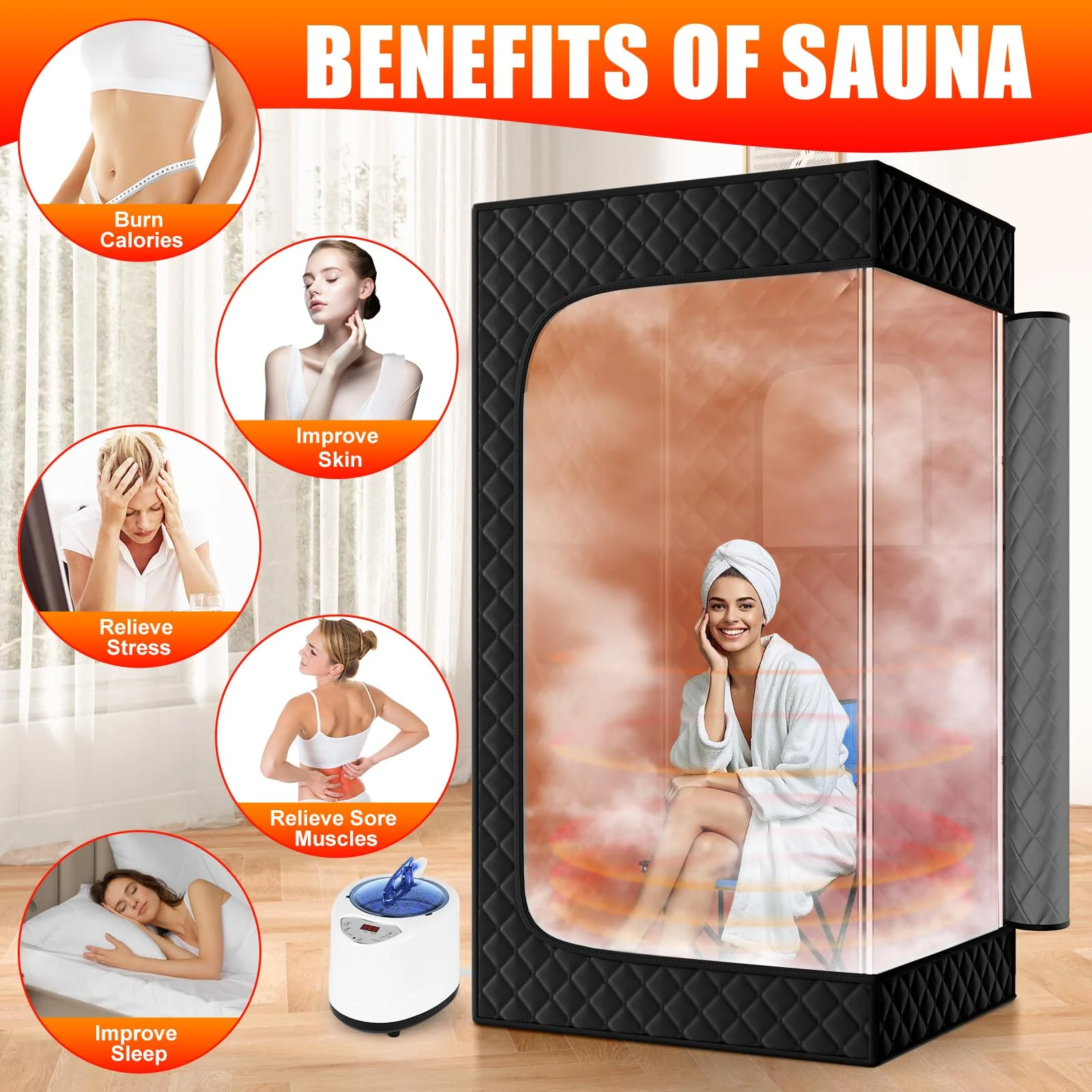 X-Vcak Upgraded Portable Sauna for Home，Relaxation, Steam Sauna for Home with Steamer, Remote Control, Folding Chair, 9 Levels - Image 5
