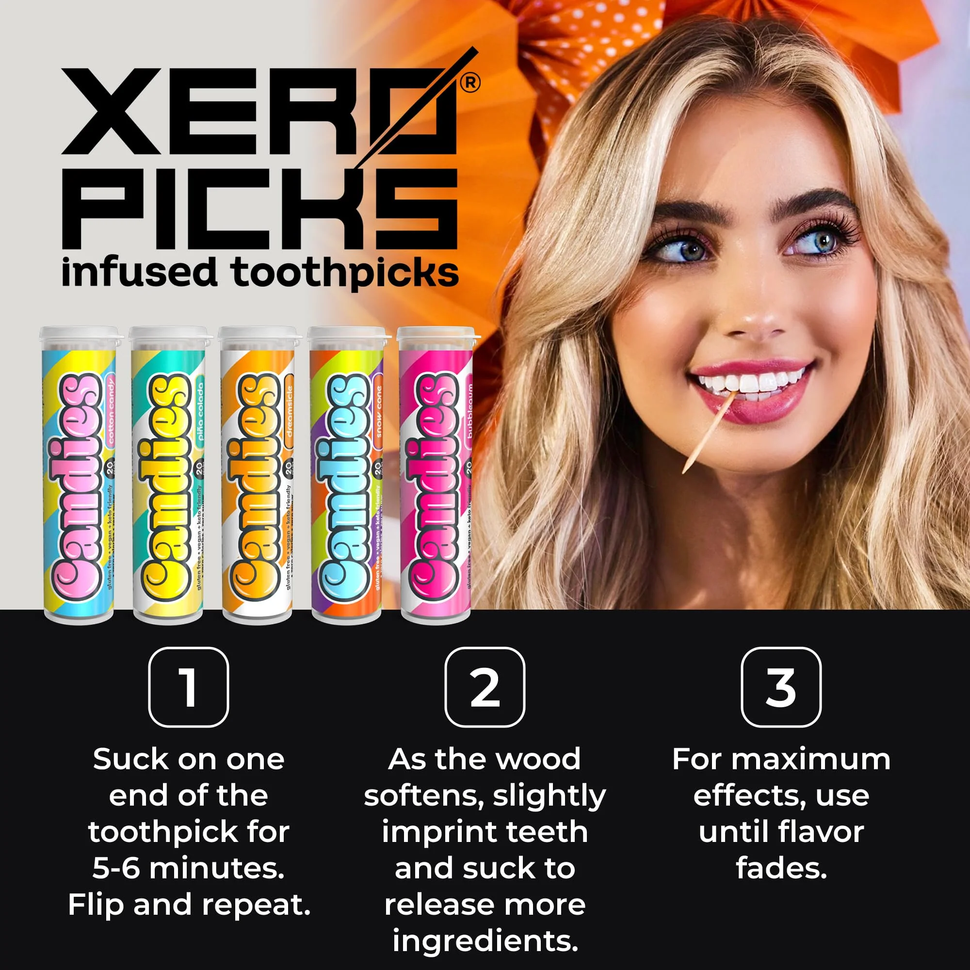 Xero Picks Candies - Infused Flavored Toothpicks (Candies Variety, 5 Pack - 100 Picks) Bubblegum, Pina Colada, Orange Creamsicle, Cotton Candy, Snow Cone and Candy Cane - Image 6