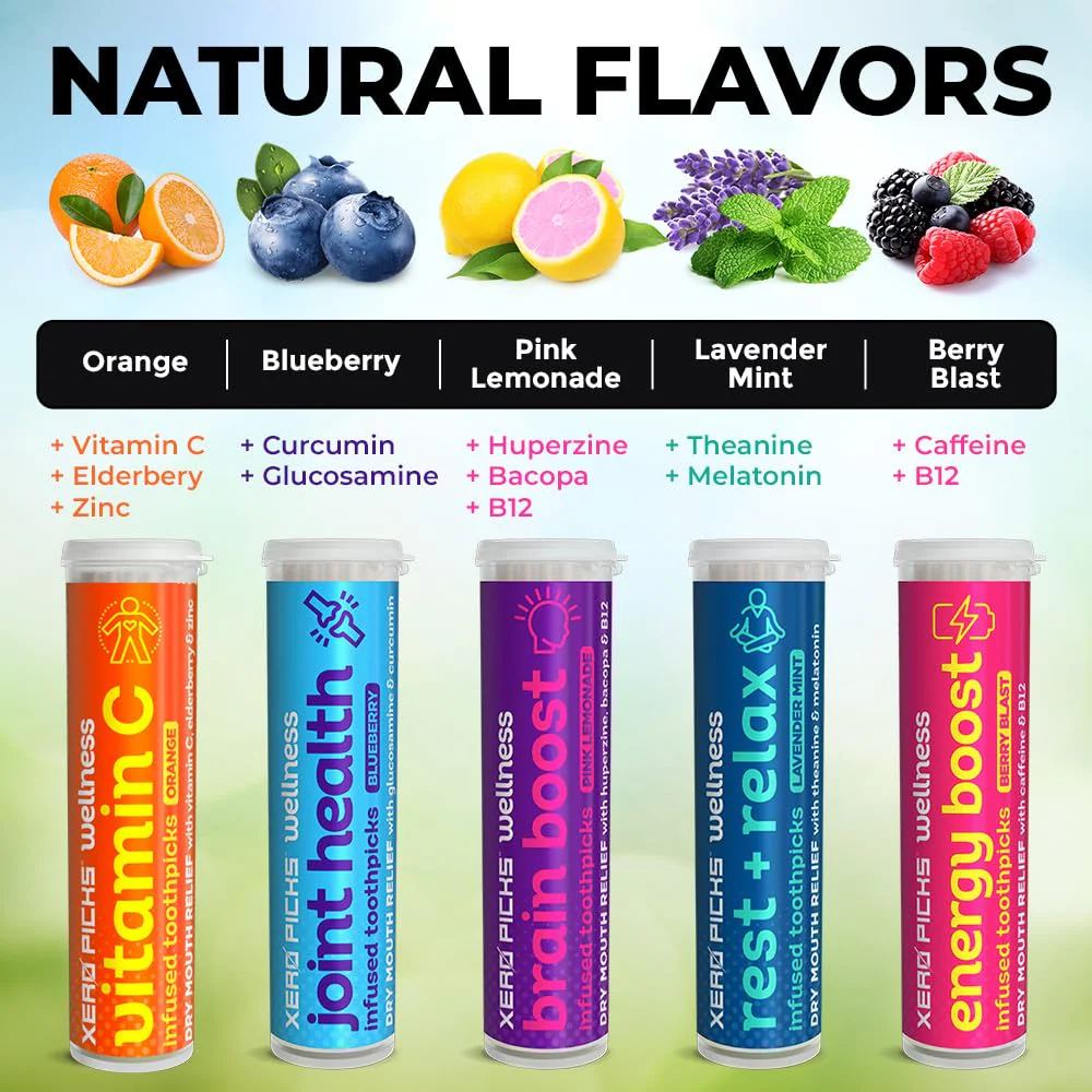 Xero Picks Wellness Flavored Toothpicks - Brain Boost, Immunity, Rest & Relax, Joint Health, and Energy Boost - 100 Picks (Variety, 5 Pack) Kosher - Sugar Free - Image 8