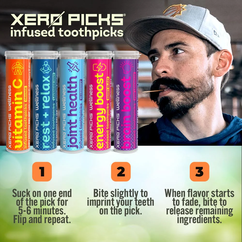 Xero Picks Wellness Flavored Toothpicks - Brain Boost, Immunity, Rest & Relax, Joint Health, and Energy Boost - 100 Picks (Variety, 5 Pack) Kosher - Sugar Free - Image 9
