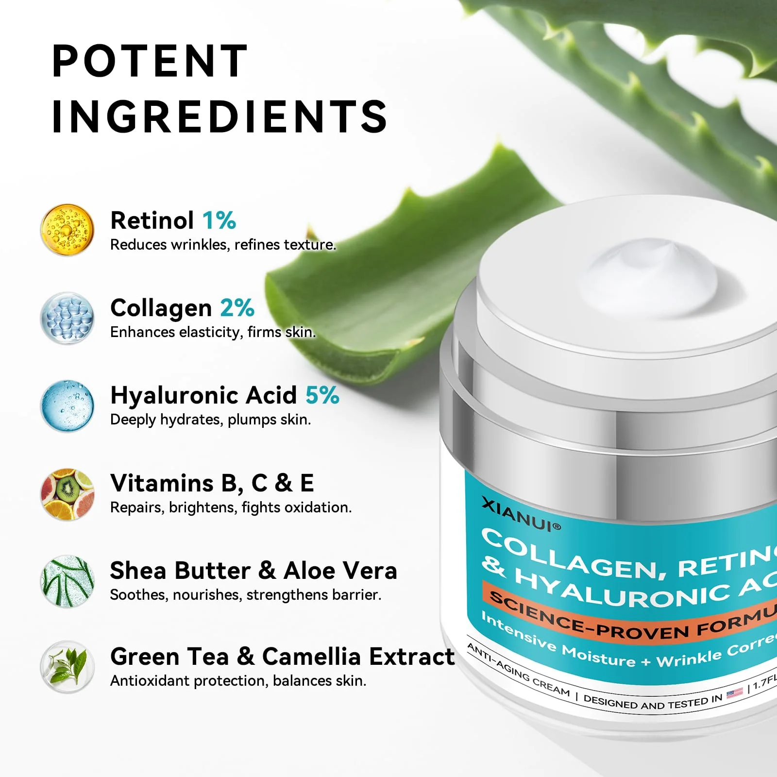 XIANUI Retinol Face Cream with Collagen & Hyaluronic Acid - Anti Aging & Firming Face Moisturizer for Women & Men - Wrinkle Reduction Night & Day Cream, 1.7 Fl Oz - Image 7