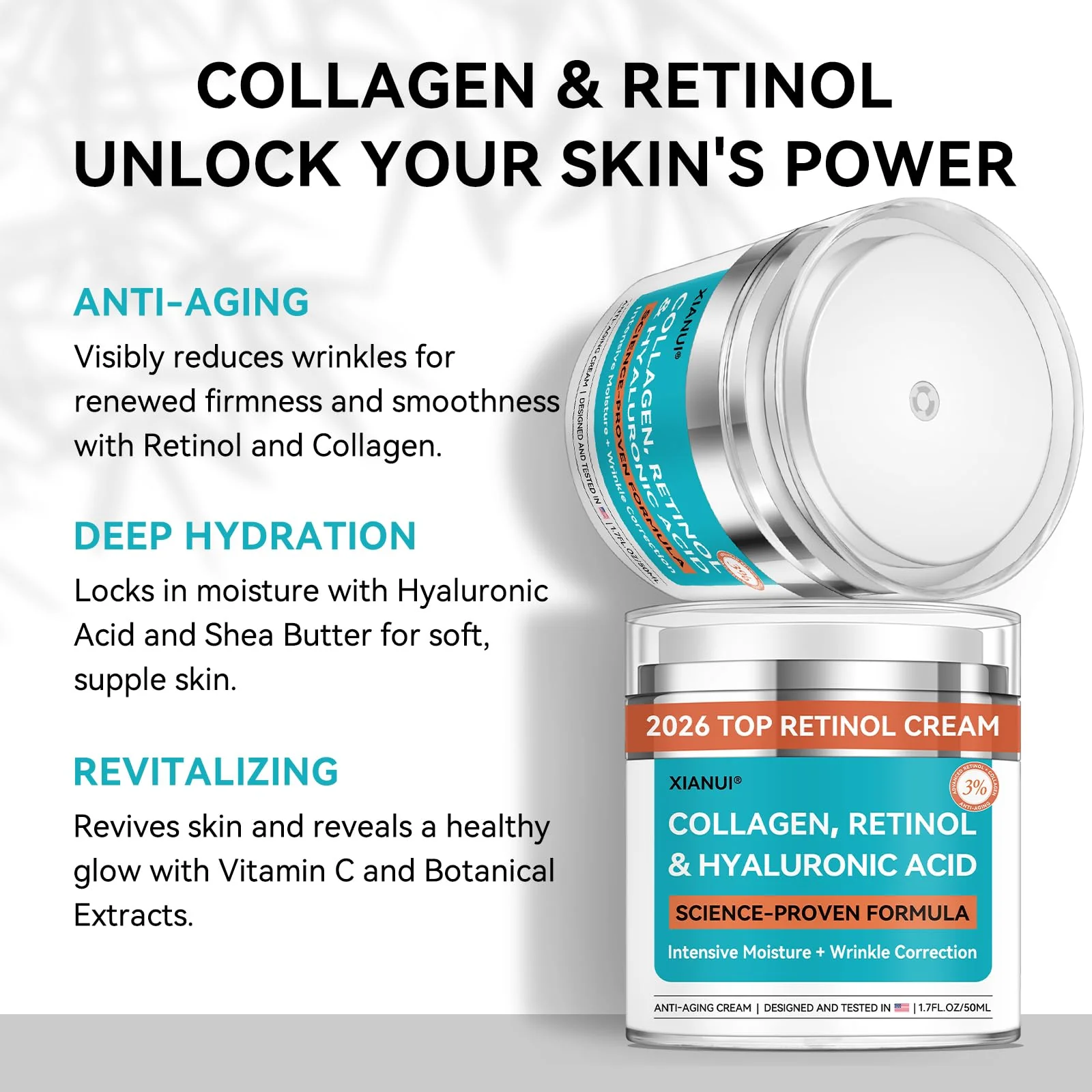 XIANUI Retinol Face Cream with Collagen & Hyaluronic Acid - Anti Aging & Firming Face Moisturizer for Women & Men - Wrinkle Reduction Night & Day Cream, 1.7 Fl Oz - Image 8