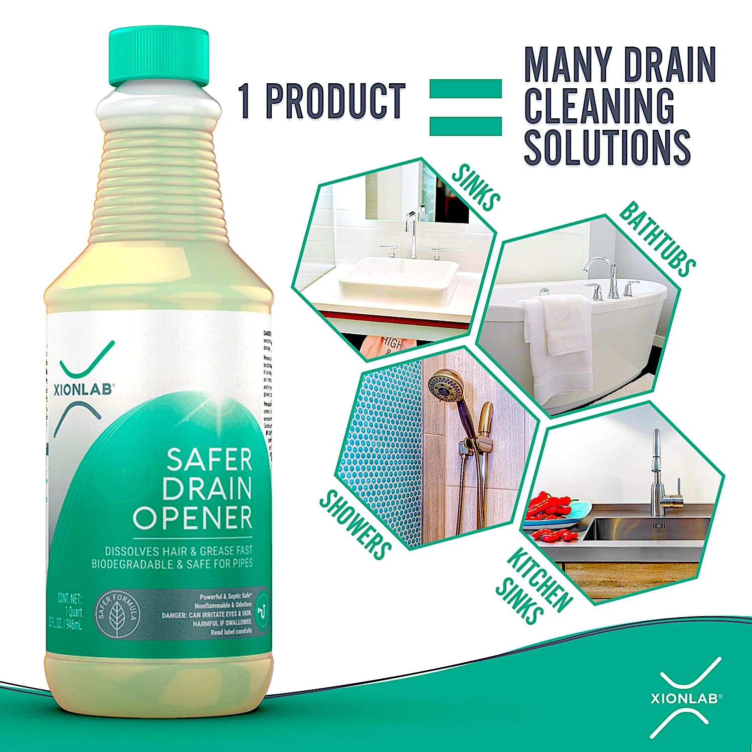 XionLab Safer, Greener Drain Clog Remover – Industrial-Strength Liquid Drain Cleaner for Hair & Grease – Septic Safe, Odorless, Biodegradable for Bathroom Sink, Bath Tub, & Shower Drain – 32 oz - Image 3