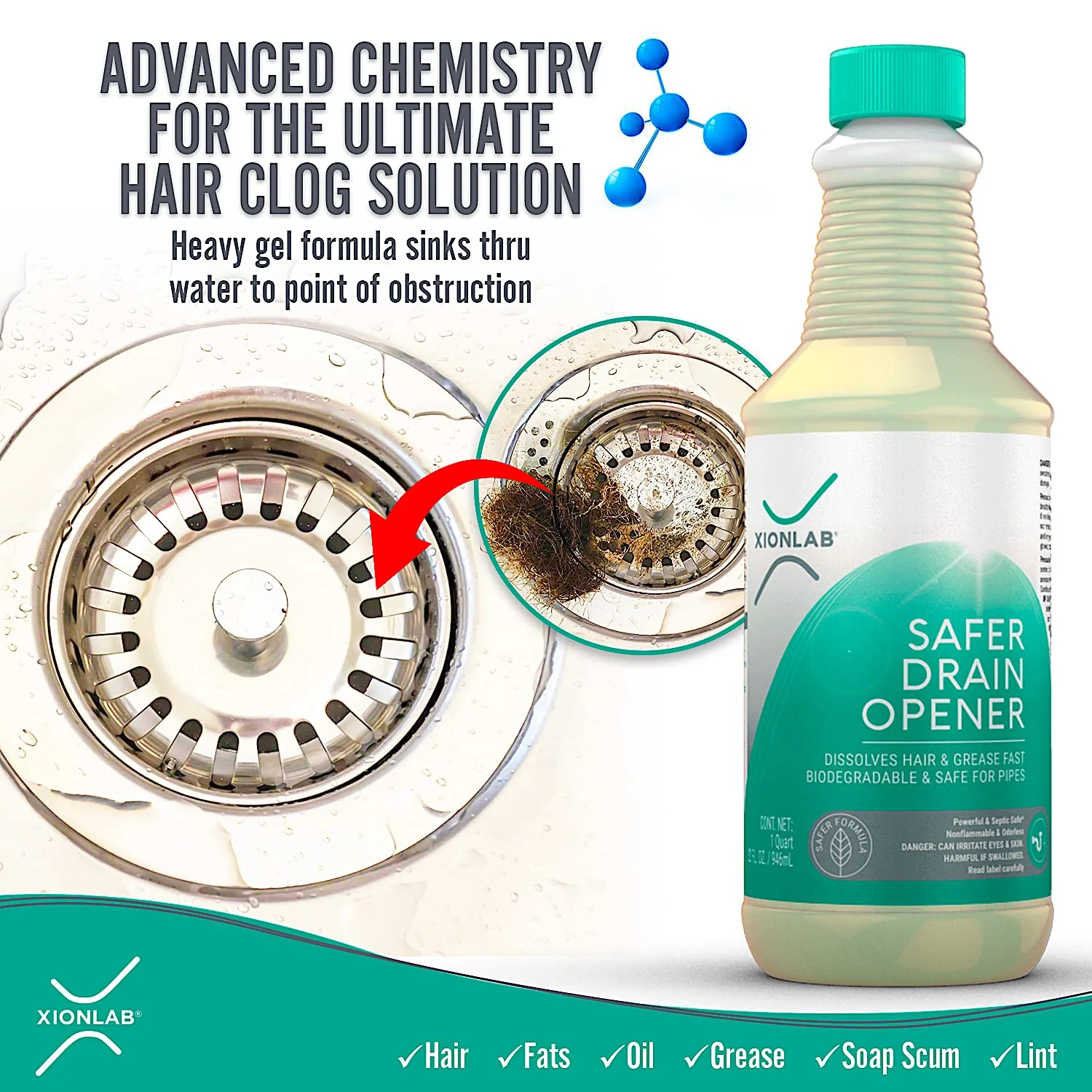XionLab Safer, Greener Drain Clog Remover – Industrial-Strength Liquid Drain Cleaner for Hair & Grease – Septic Safe, Odorless, Biodegradable for Bathroom Sink, Bath Tub, & Shower Drain – 32 oz - Image 5