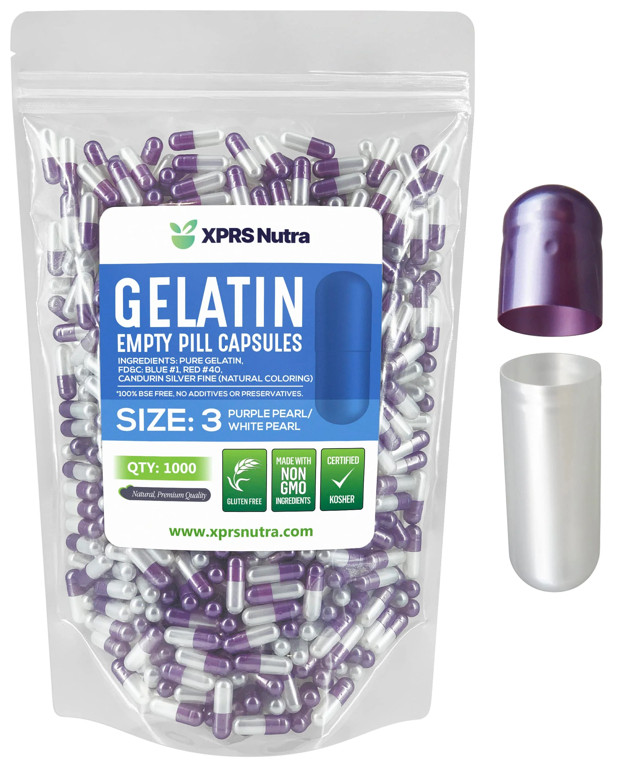 XPRS Nutra Size 3 Empty Capsules - 1000 Count Empty Gelatin Capsules - Pills DIY Capsule Filling - Pure Bovine Pill Gel Caps Fillable for Do-It-Yourself Vitamins and Supplements (Pearl Purple/White)