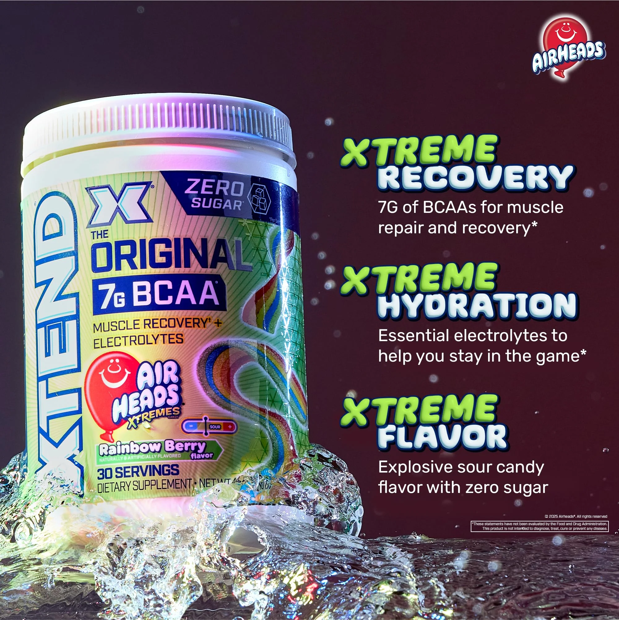 Xtend Original BCAA Powder, 7g BCAAs and 2.5g L-Glutamine for Muscle Recovery, Hydration, and Lean Muscle, Sugar Free Intra and Post Workout Drink, Airheads Xtreme Rainbow Berry, 30 Servings - Image 6