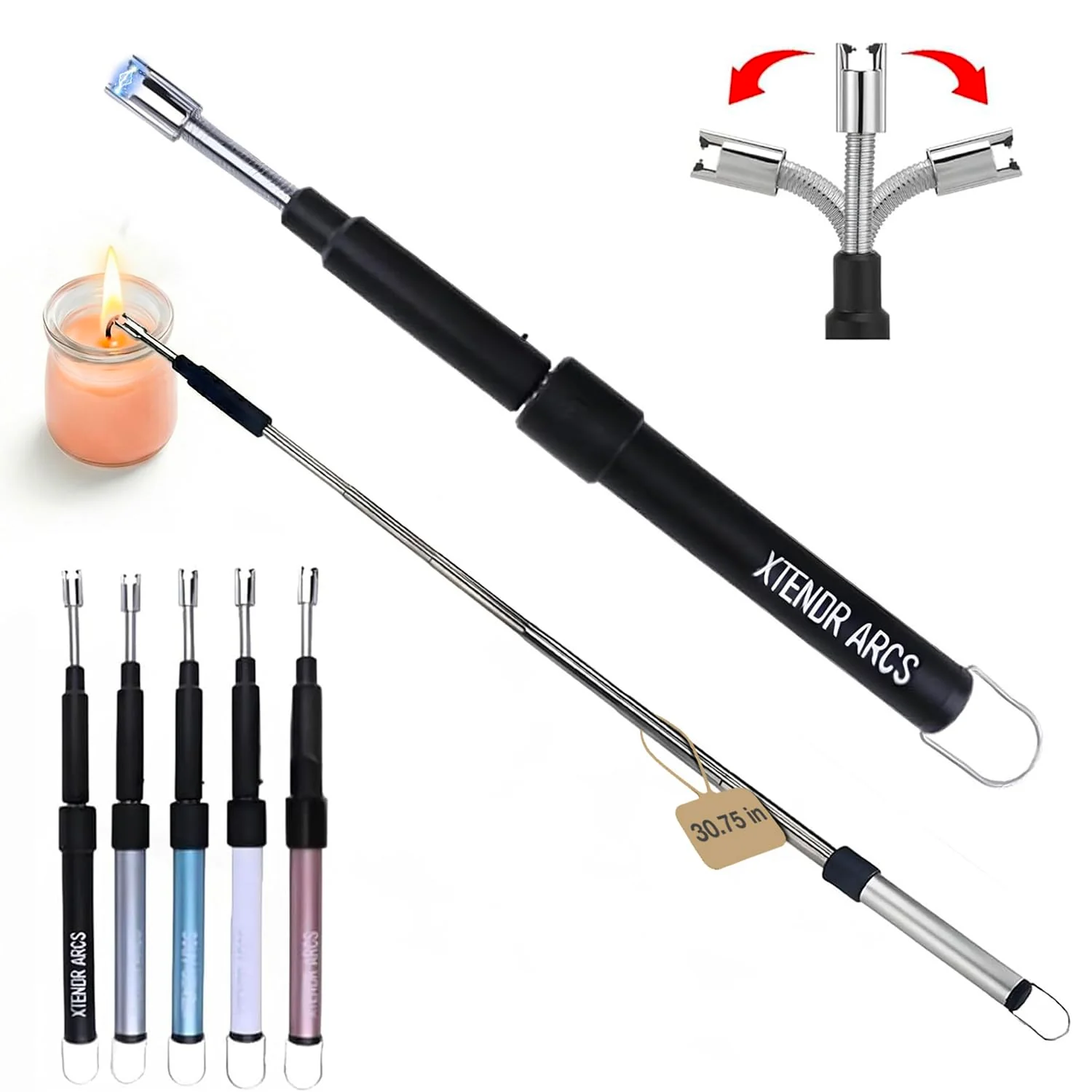 XTENDR ARCS V2 Extendable 2.5 Feet. Arc Extra Long Lighter, Flameless Fireplace Stove Electric Candle Lighter, Long Neck for Pilot Light, Grilling, Firepit, Kitchen, BBQ (Black)