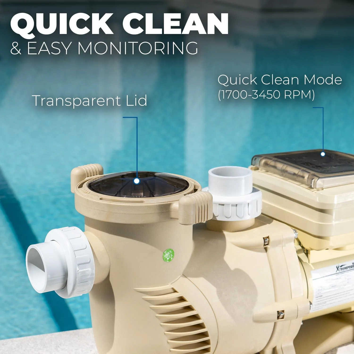 XtremepowerUS 2HP SuperFlow Variable Speed Swimming Pool Pump 230V, InGround 7,860 GPH 1.5" 2" Fitting Adapter, Self Priming Compatible EC-342001 Max 2.2HP - Image 6