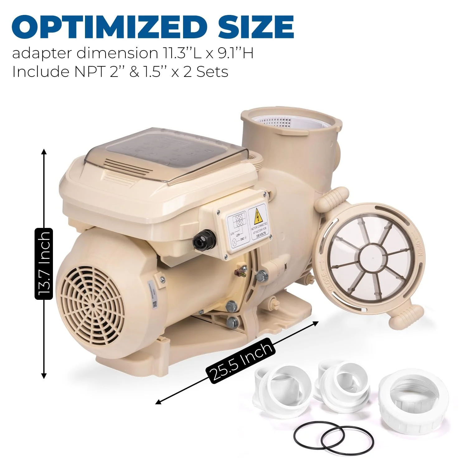 XtremepowerUS 3.0HP SuperFlow Variable Speed High-Flo Pool Pump In-Ground Pool Energy Efficient 230V, 9,720GPH 1-1/2” & 2” Adapter w/Timer, Compactible EC-342001 - Image 2