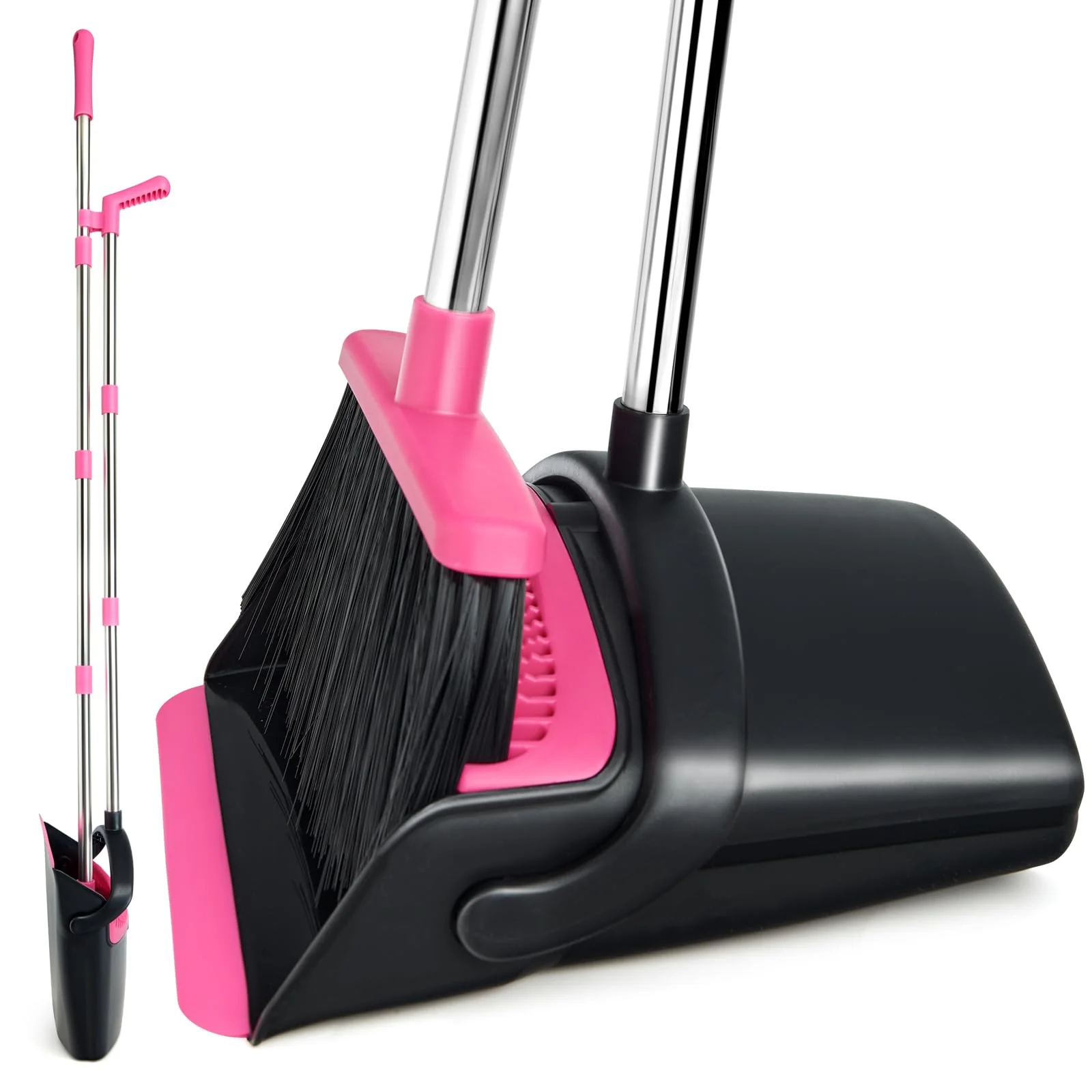 XXFLOWER Broom and Dustpan Set, Long Handle Lightweight Dustpans with Broom Combo for Home, Indoor&Outdoor Sweeping for Home Room Kitchen Office Lobby (Black Pink)