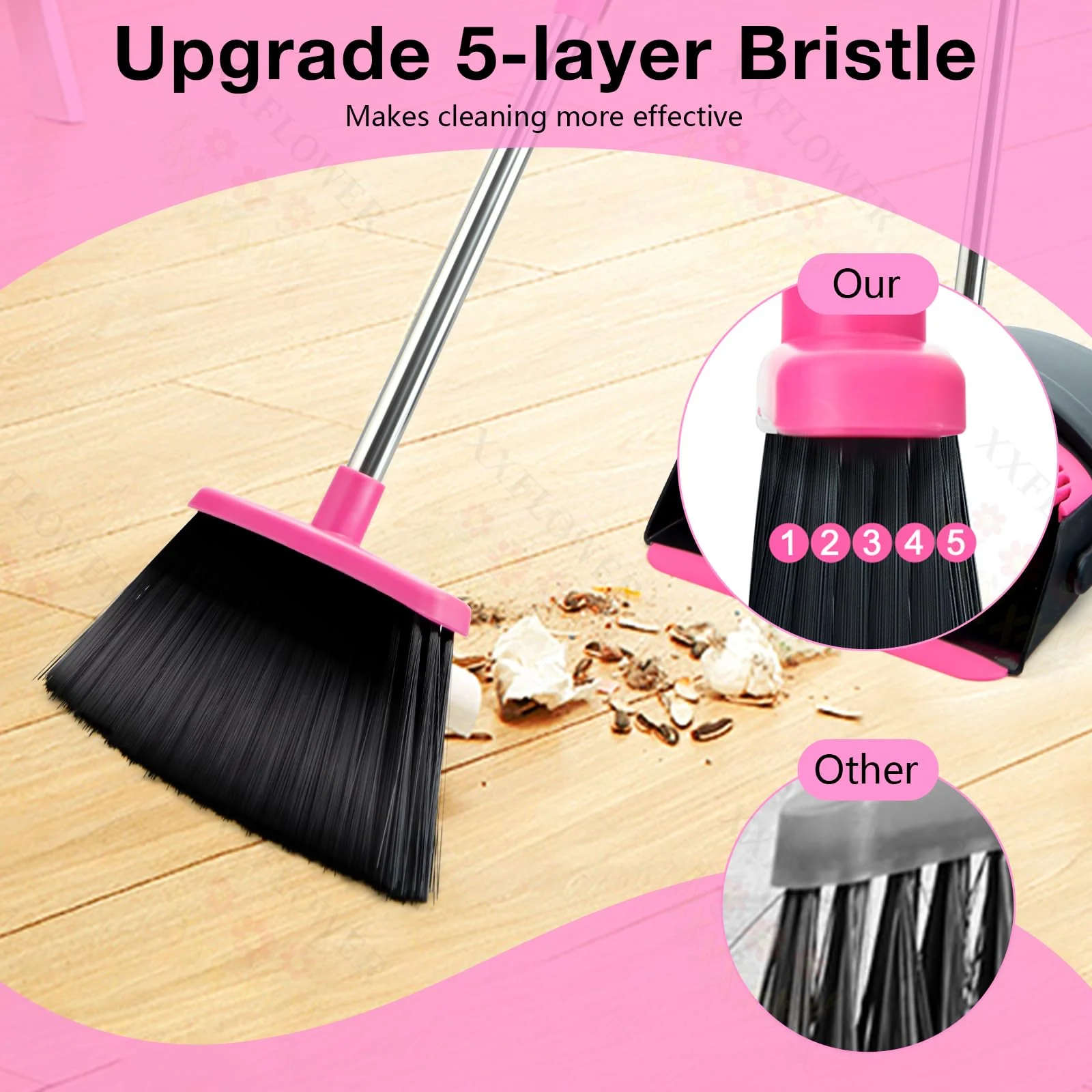 XXFLOWER Broom and Dustpan Set, Long Handle Lightweight Dustpans with Broom Combo for Home, Indoor&Outdoor Sweeping for Home Room Kitchen Office Lobby (Black Pink) - Image 5