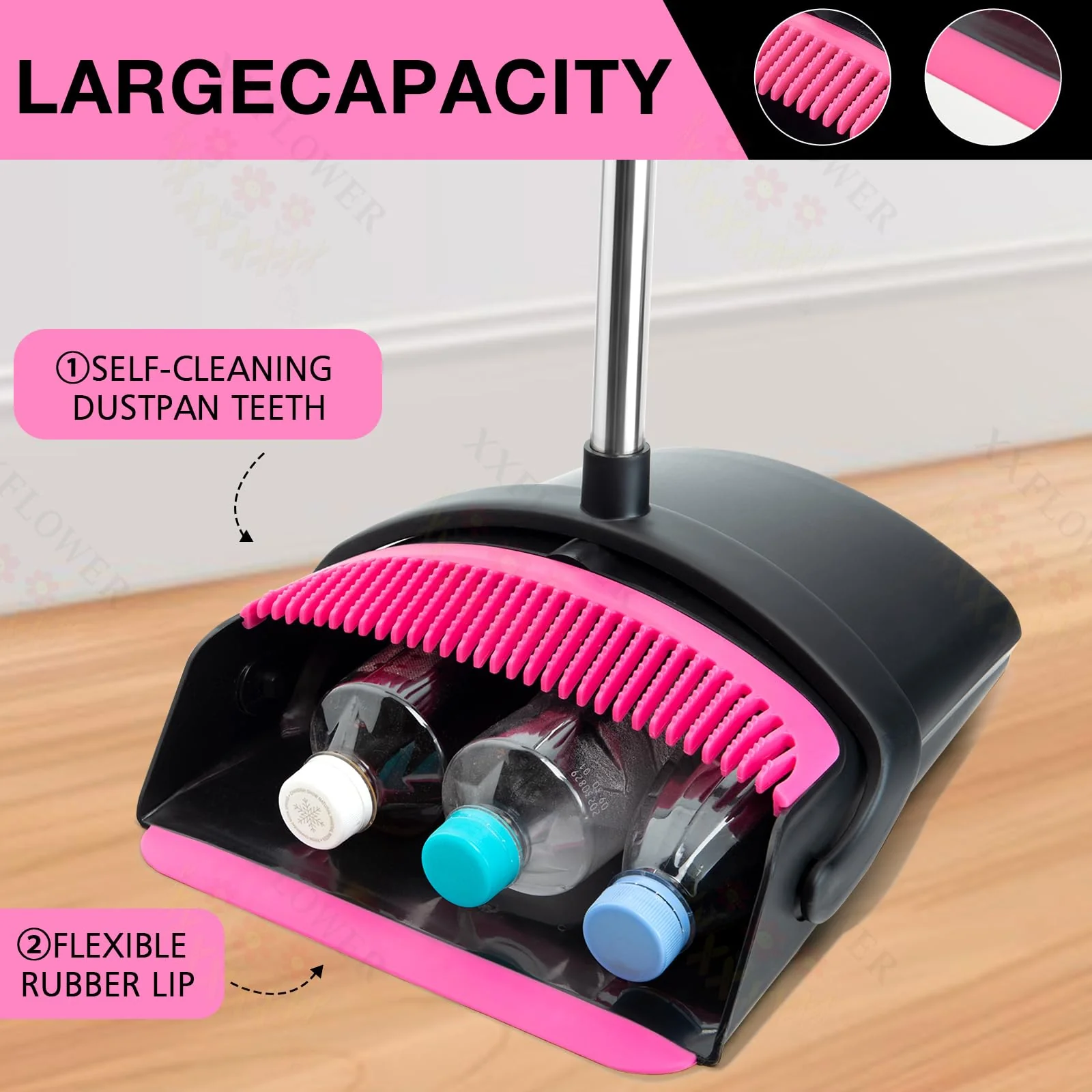 XXFLOWER Broom and Dustpan Set, Long Handle Lightweight Dustpans with Broom Combo for Home, Indoor&Outdoor Sweeping for Home Room Kitchen Office Lobby (Black Pink) - Image 6