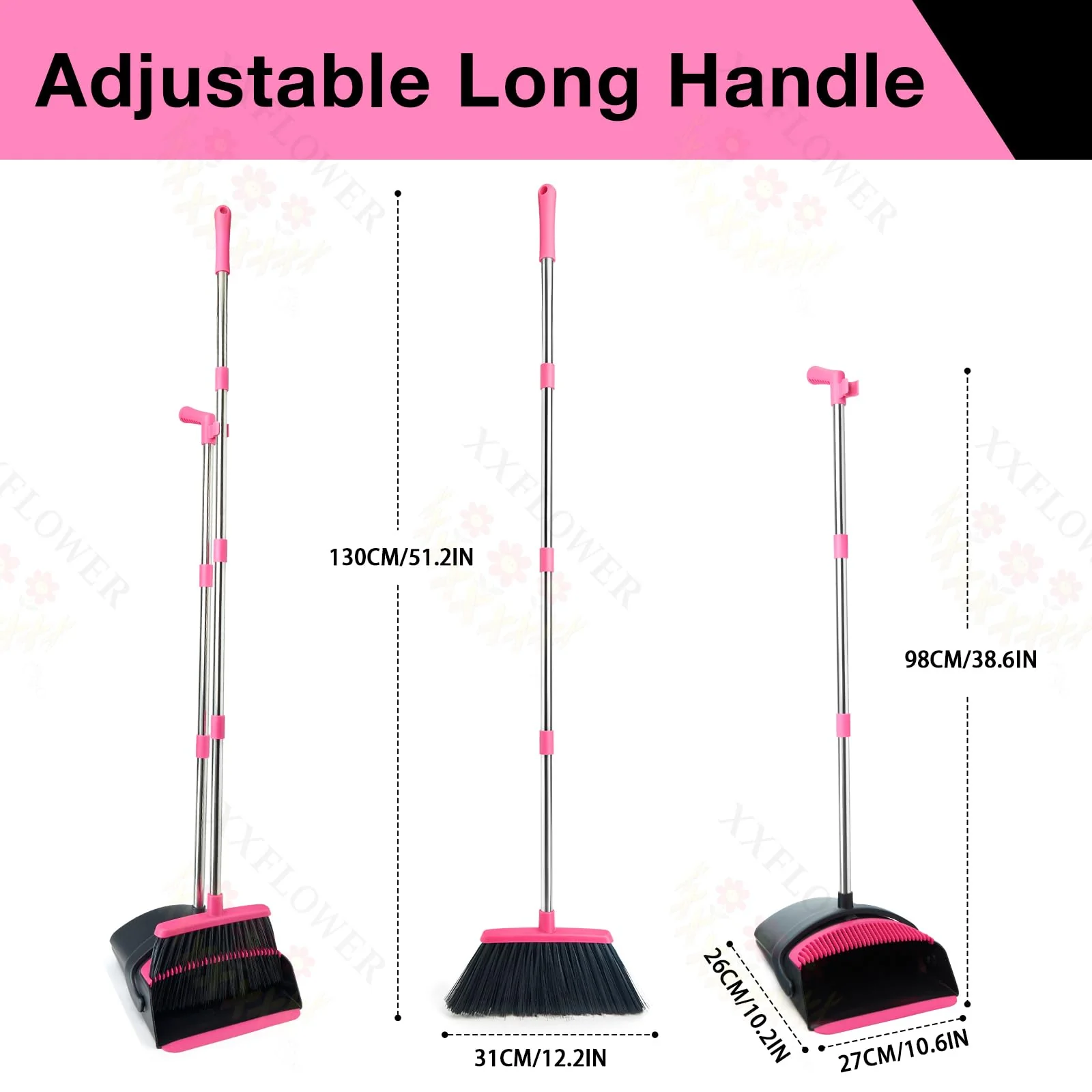 XXFLOWER Broom and Dustpan Set, Long Handle Lightweight Dustpans with Broom Combo for Home, Indoor&Outdoor Sweeping for Home Room Kitchen Office Lobby (Black Pink) - Image 7