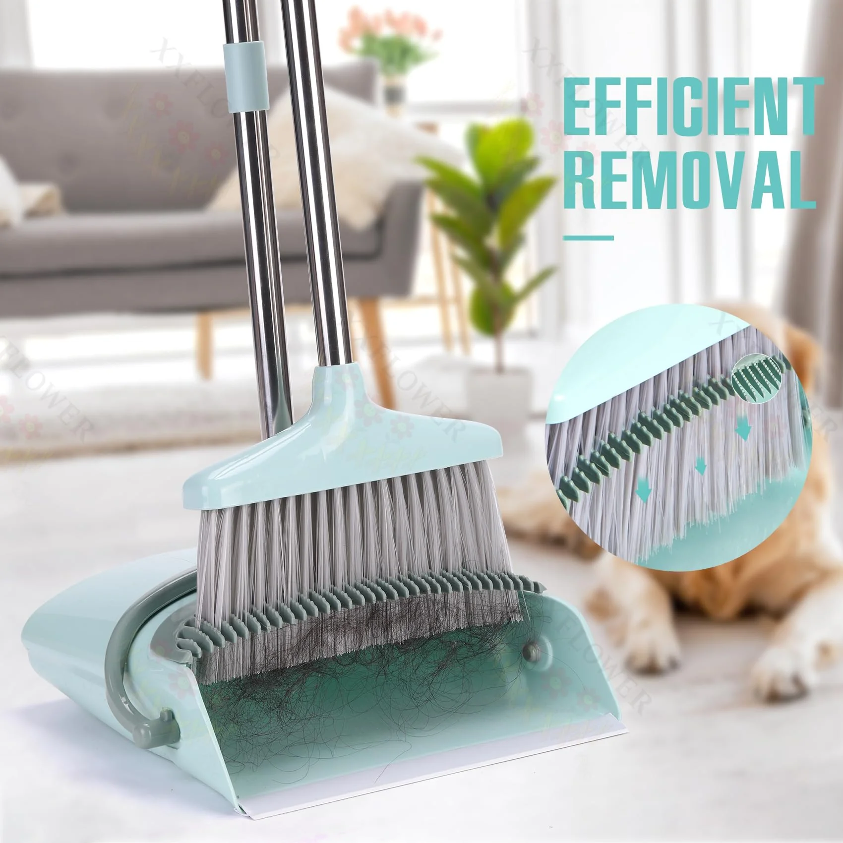 XXXFLOWER Broom and Dustpan Set with Cleaning Teeth, 55" Long Handle Indoor Sweeping Combo for Home Office Kitchen, Bluish Green - Image 5