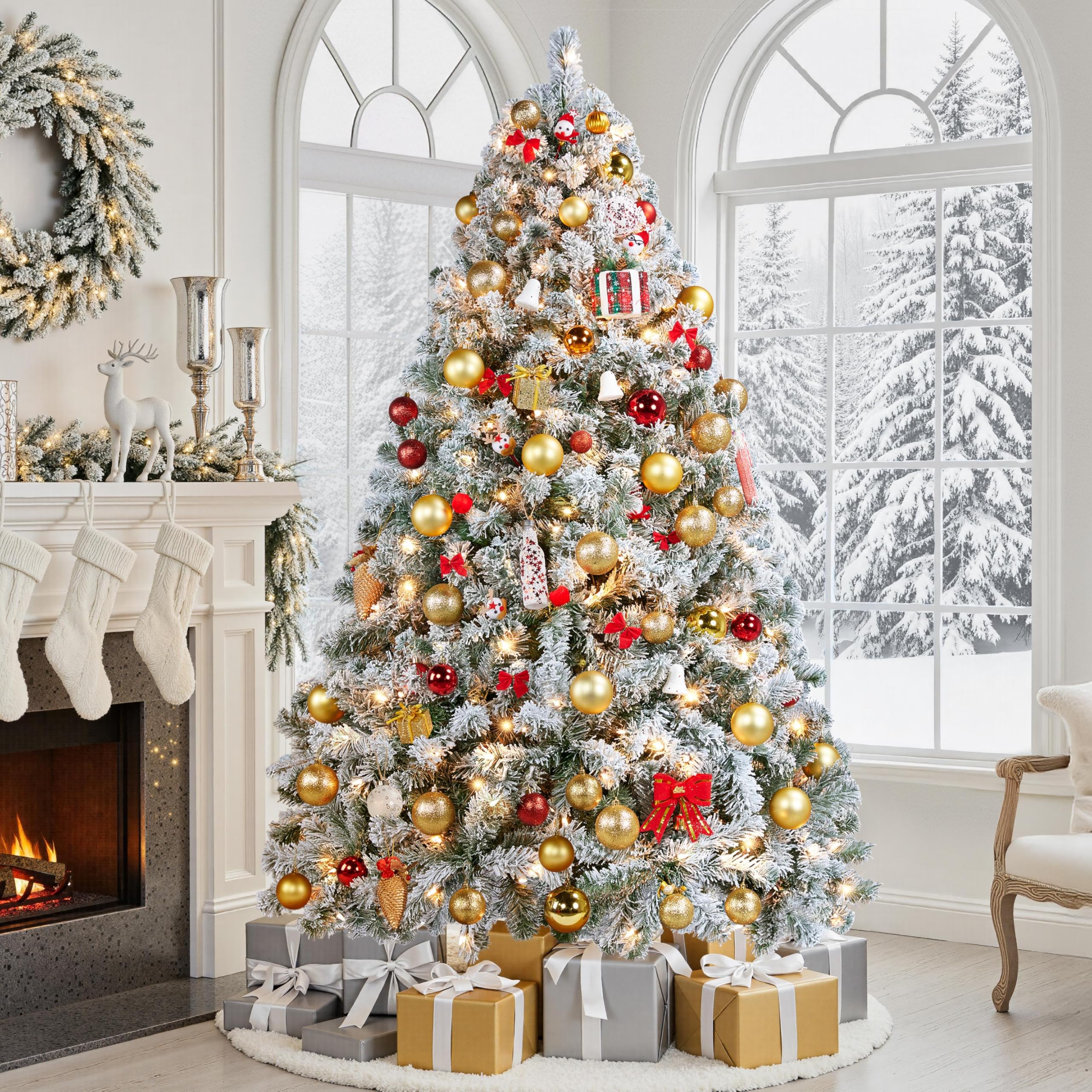 Yaheetech 6ft Pre-lit Artificial Christmas Tree with Incandescent Warm White Lights, Snow Flocked Full Prelighted Xmas Tree W/820 Branch Tips, 250 Incandescent Lights & Foldable Stand, Green & White - Image 9