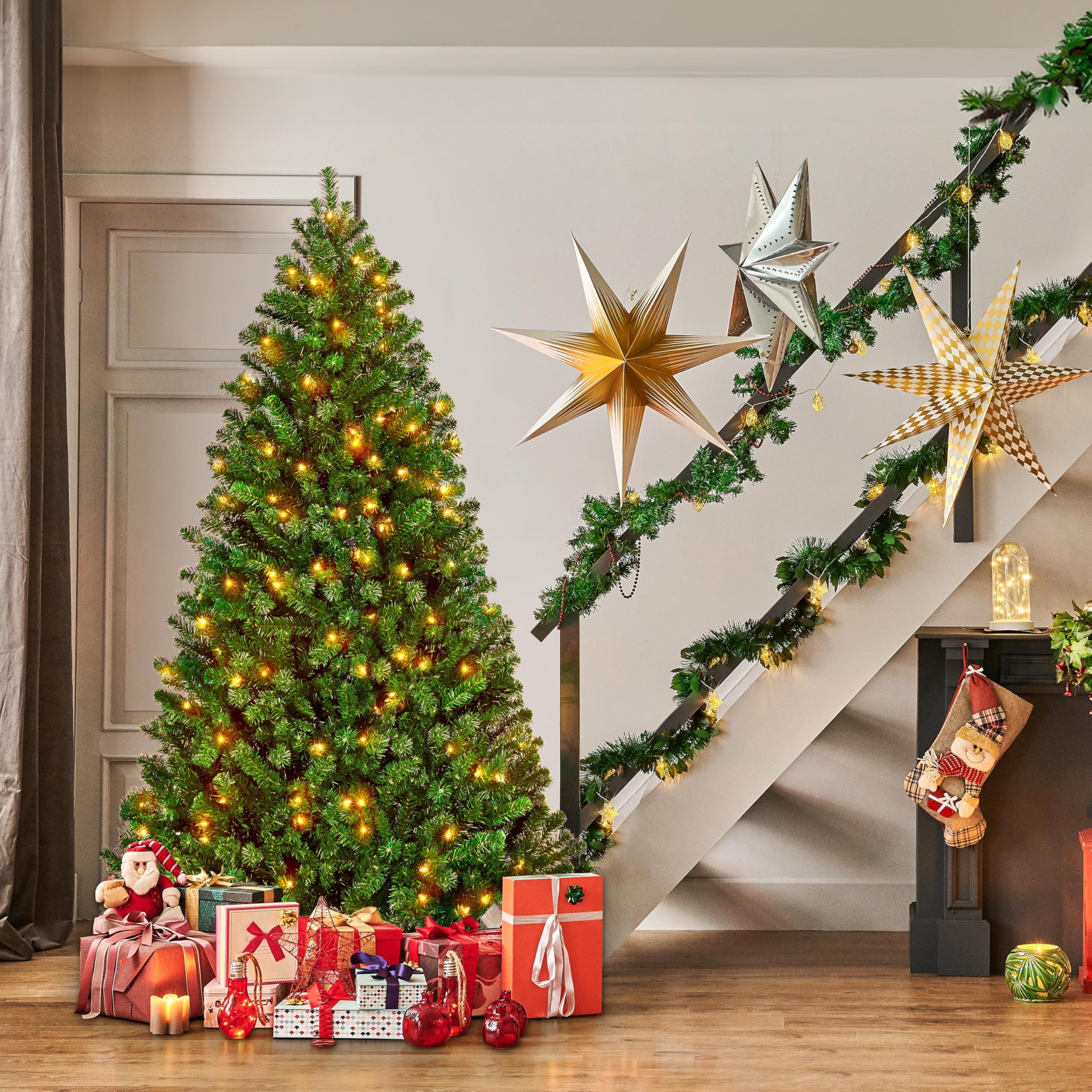 Yaheetech 6Ft Pre-lit Spruce Artificial Hinged Christmas Pine Tree Prelighted Holiday Xmas Tree for Home Party Decoration with 300 Warm White Lights and 818 Branch Tips, Green - Image 2