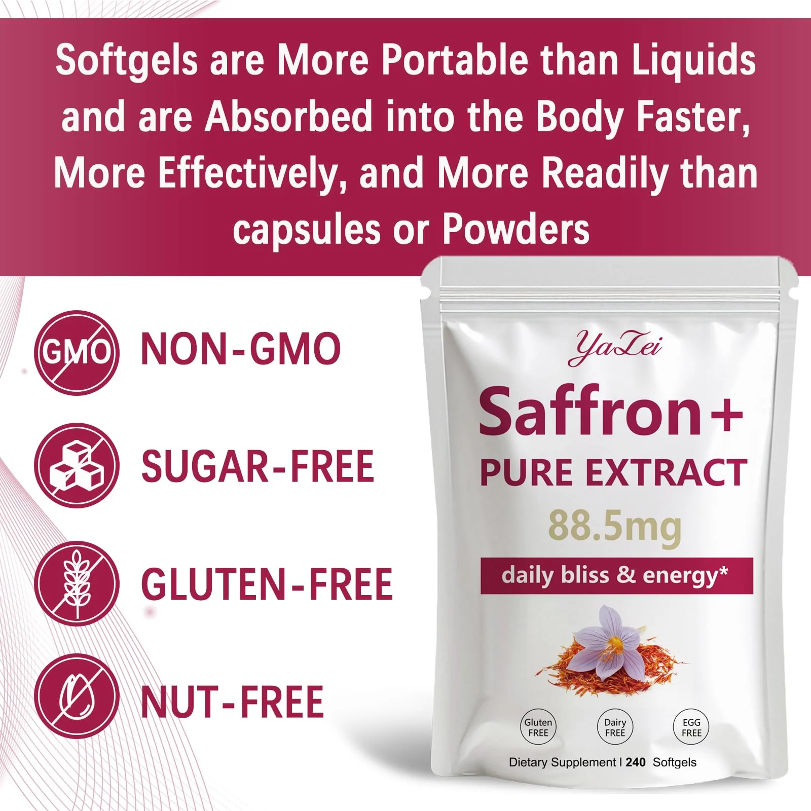 Yalei Saffron Extract Supplements 88.5mg,240 Softgels, 4 Month Supply- Boost Energy & Mood, Support Eye & Heart Health- Vegan, Gluten Free - Image 5