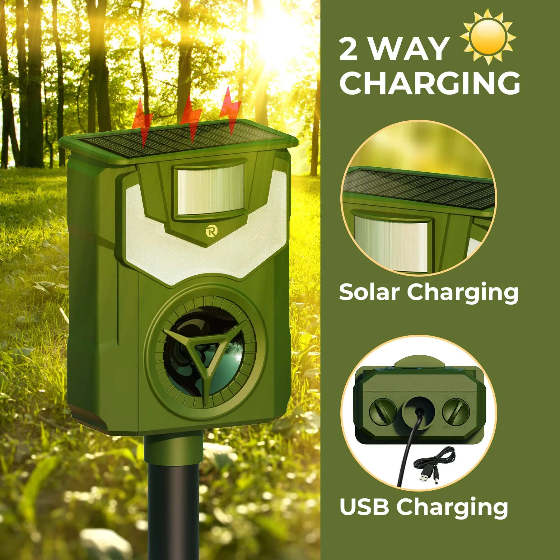 YARDefense Solar Powered Ultrasonic Animal Repeller with Flame Simulated Lighting Motion Sensor and Flame-Proof Enclosure Deters Stray Canines Foxes Raccoons Skunks Rabbits and Deer 2 Pack - Image 2