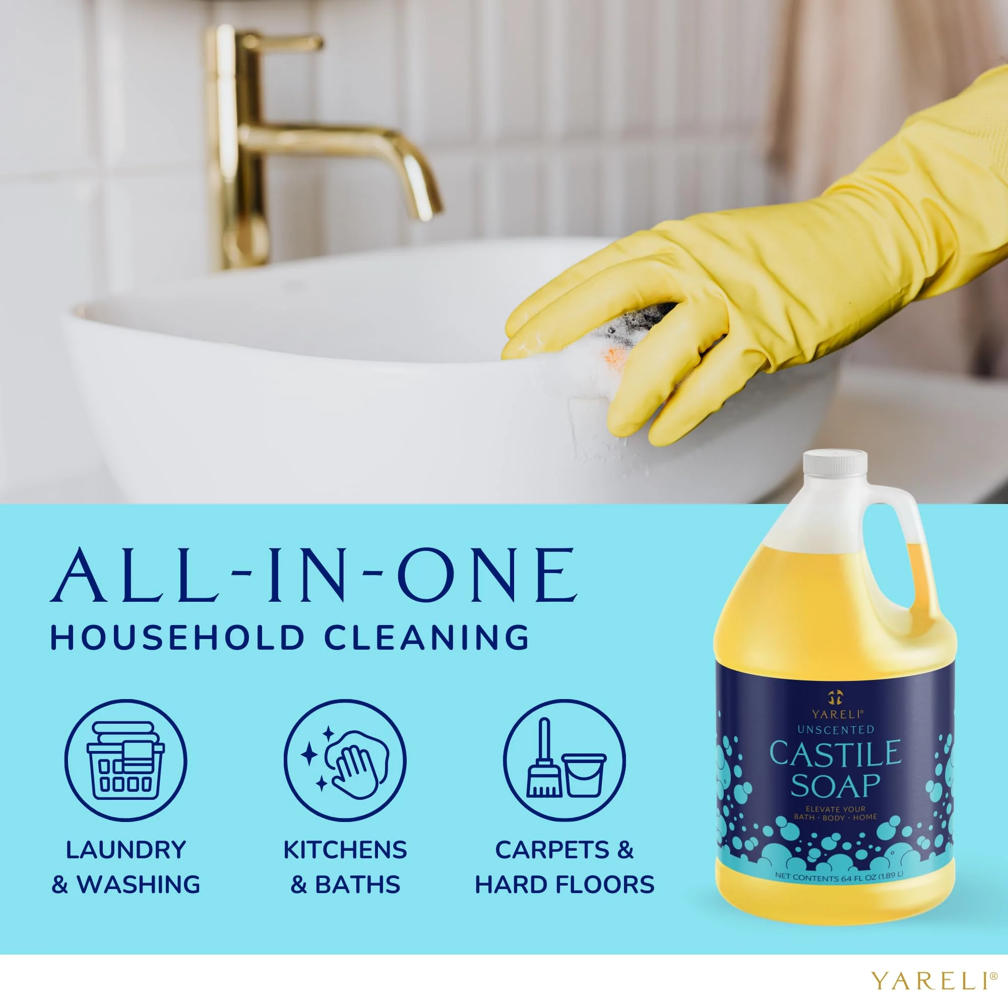 YARELI Pure Castile Soap Liquid, Unscented, with All Organic Oils for Adults, Kids and Babies as Body Wash or Hand Soap, 64oz Refill - Image 4