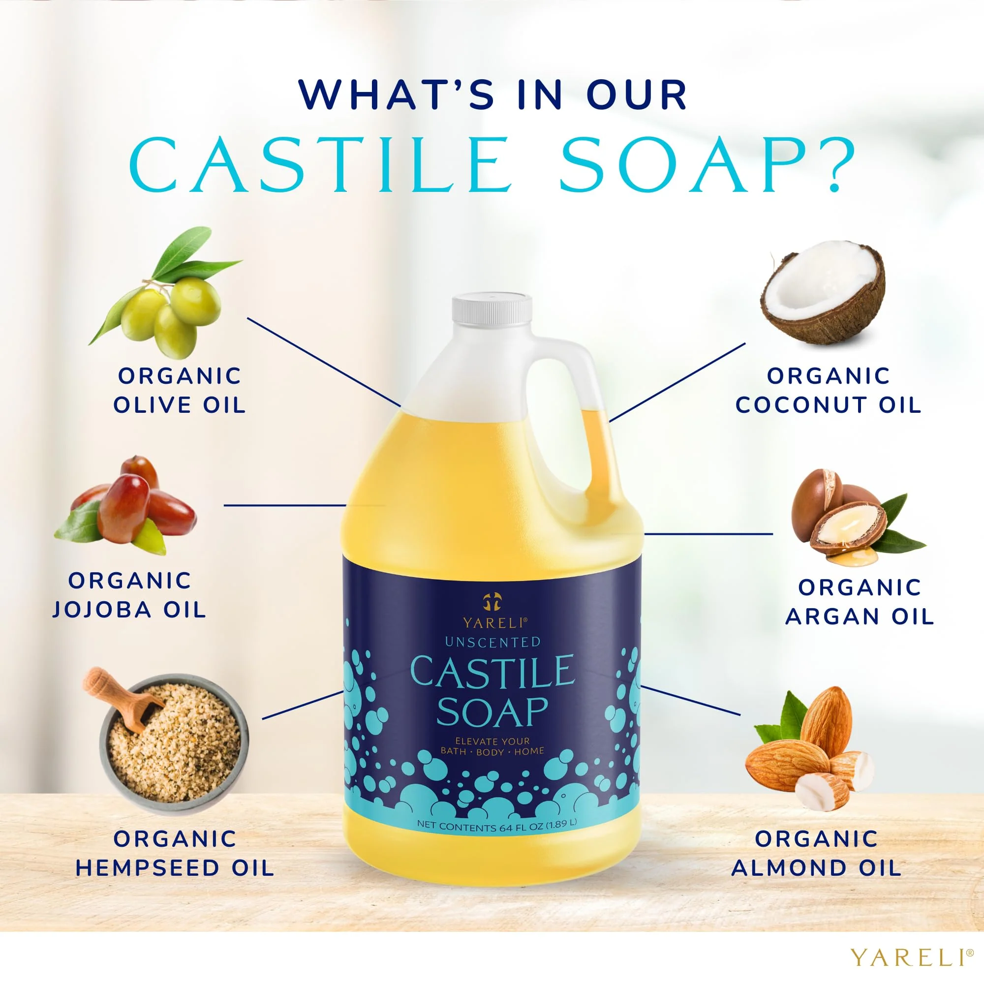 YARELI Pure Castile Soap Liquid, Unscented, with All Organic Oils for Adults, Kids and Babies as Body Wash or Hand Soap, 64oz Refill - Image 9