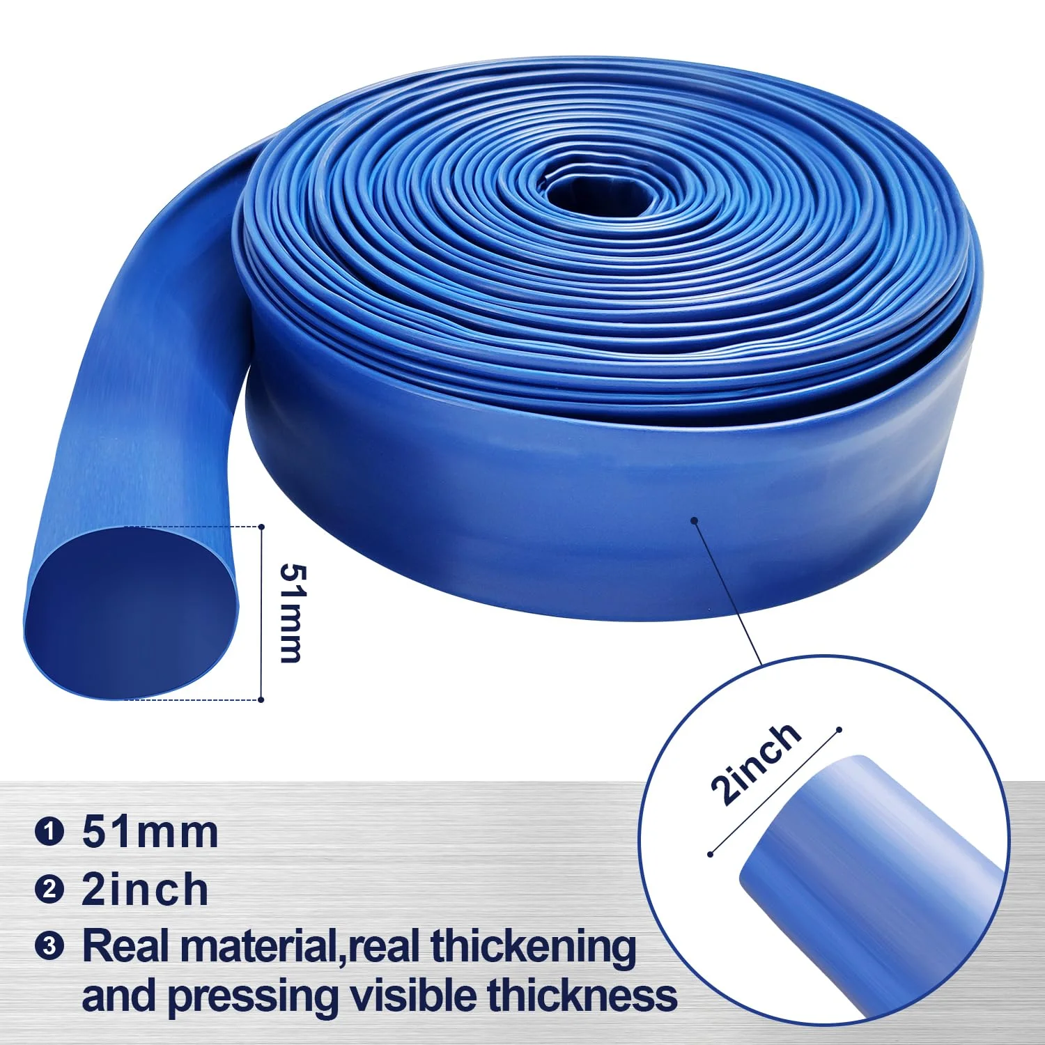 YASHINE PVC HOSE 2"*50ft, Pool Backwash Hose, Heavy Duty Reinforced Blue PVC Lay Flat Water, For Swimming Drain Pools and Clean Filters, with 2 Clamp - Image 4