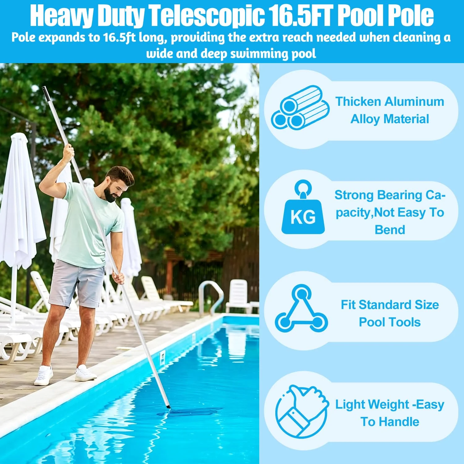 YEECHUN Professional 16.5 Foot Swimming Pool Pole Telescopic Heavy Duty Aluminum, Adjustable Length 6.5 to 16.5 Feet, Universal Pole for Skimmer Net Rake, Hooks, Vacuum Heads and Brushes - Image 4