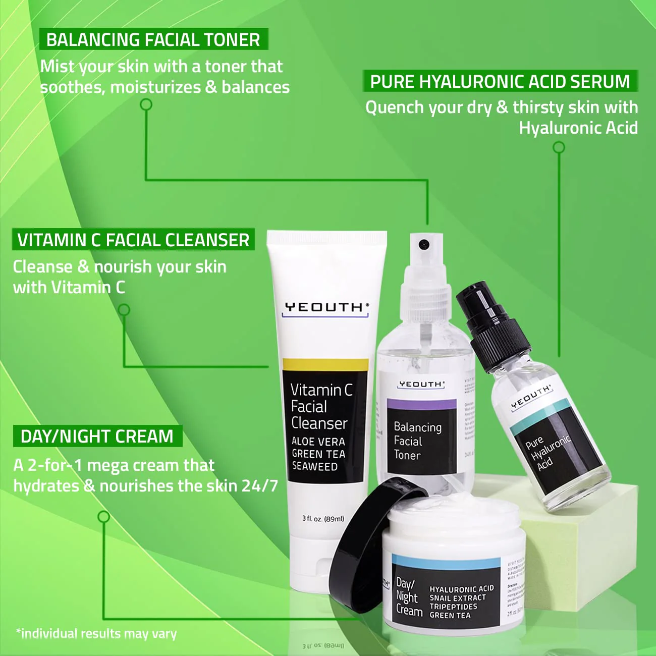 YEOUTH Skin Care Set: Hyaluronic Acid Serum, Vitamin C Cleanser, Toner & Face Cream, Teen Skincare Kit Girls & Boys 4-Piece Beauty Gifts - Image 5