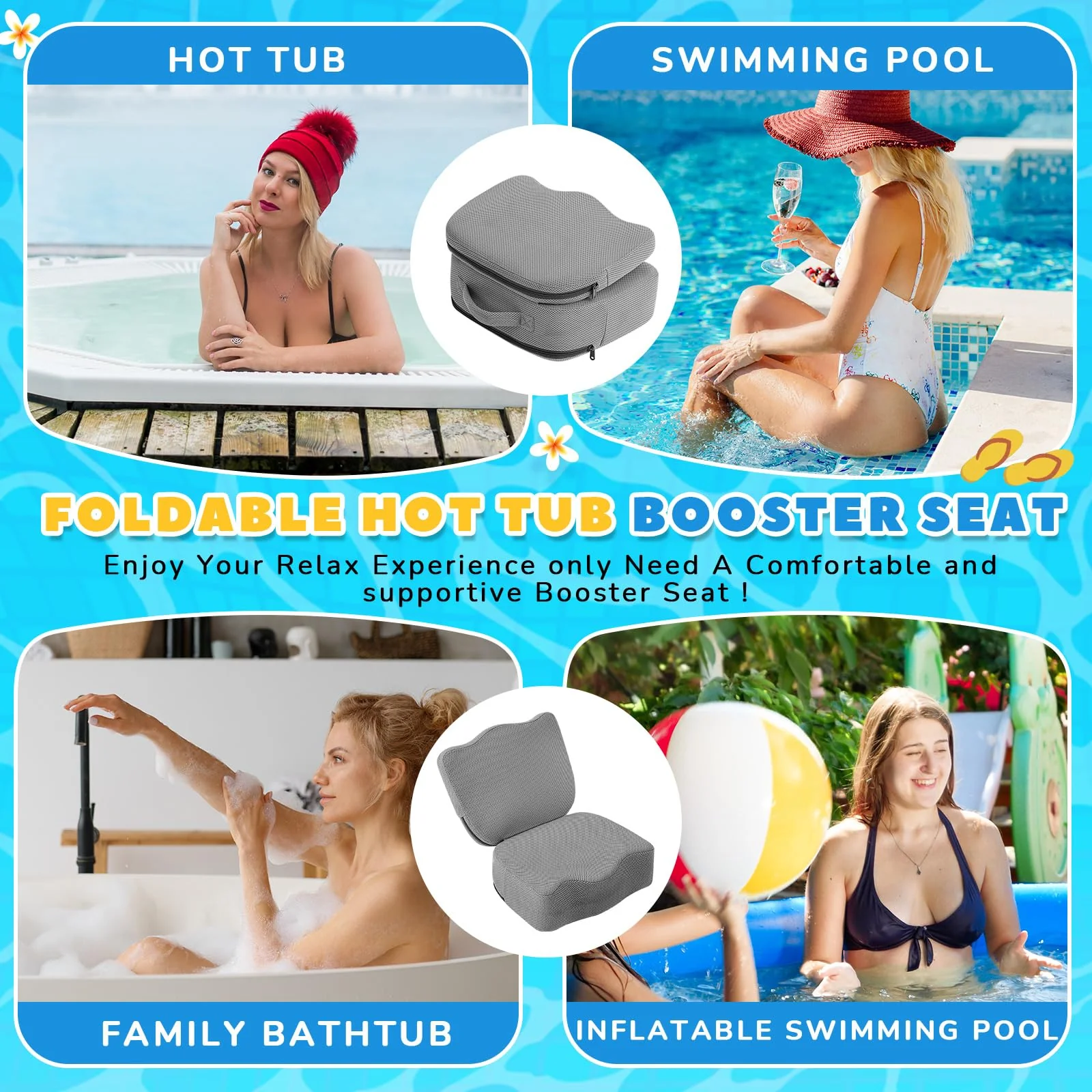 Yerliker 2 Pcs Foldable Hot Tub Booster Seat for Adults Adjustable 2 Heights up to 6.3", Weighted Booster Seat 3D Air Mesh Hot Tub Accessories Quick Dry Micro Dot Non Slip for Spa Bathtub Pool (Gray) - Image 3
